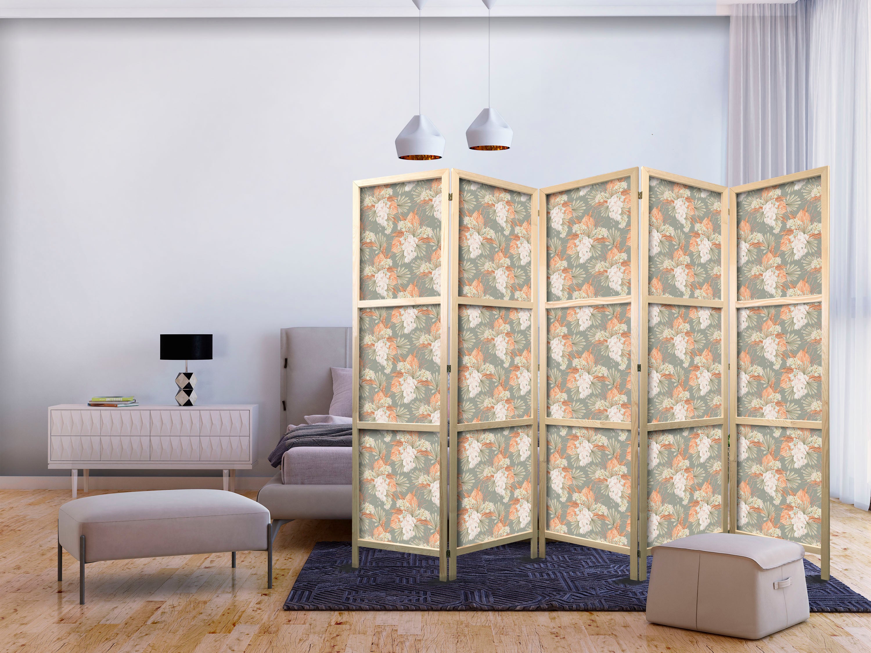 Japanese Room Divider - Little Bouquets - Exotic Flowers and Leaves on a Gray-Green Background