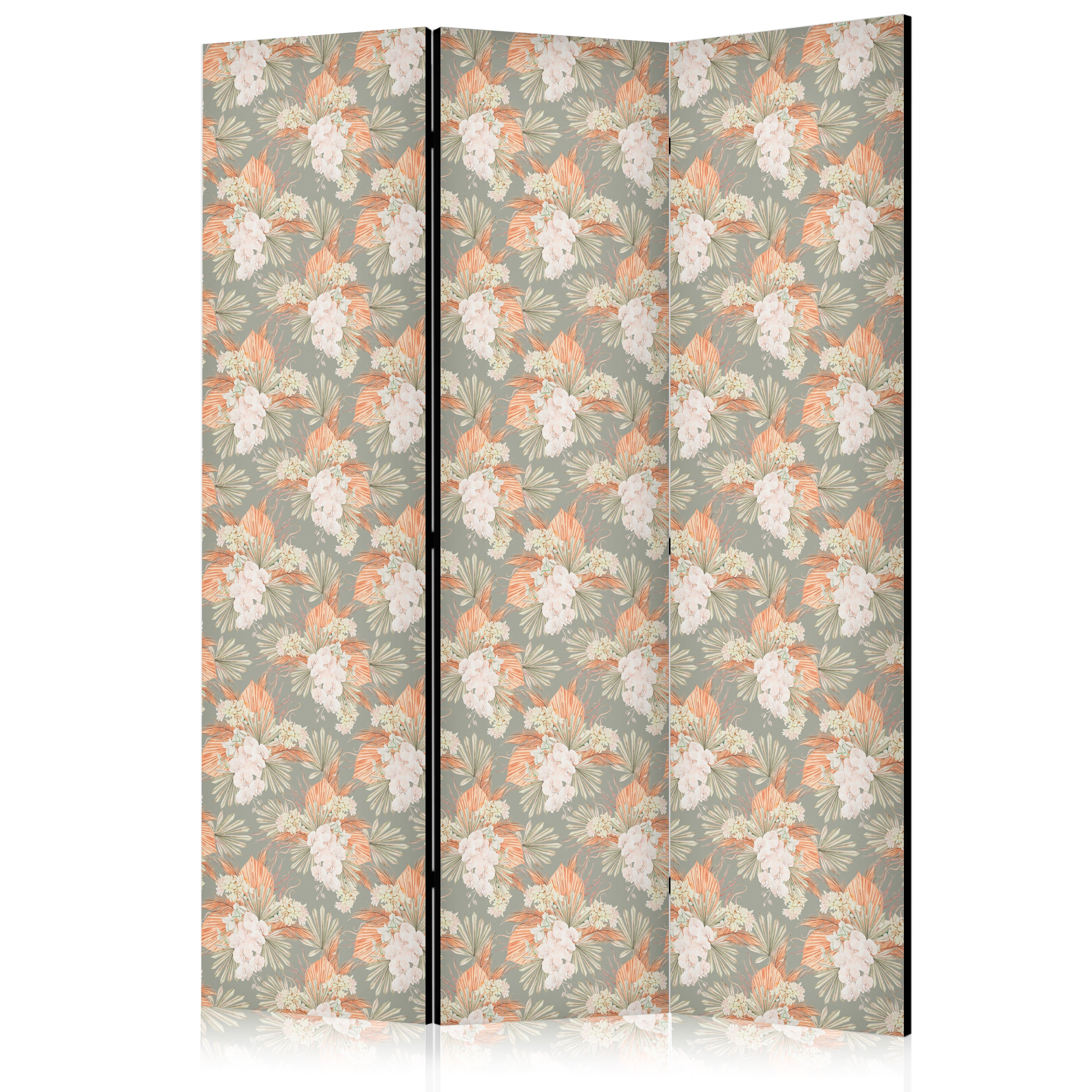Room Divider with Exotic Flowers and Leaves on Gray-Green Background