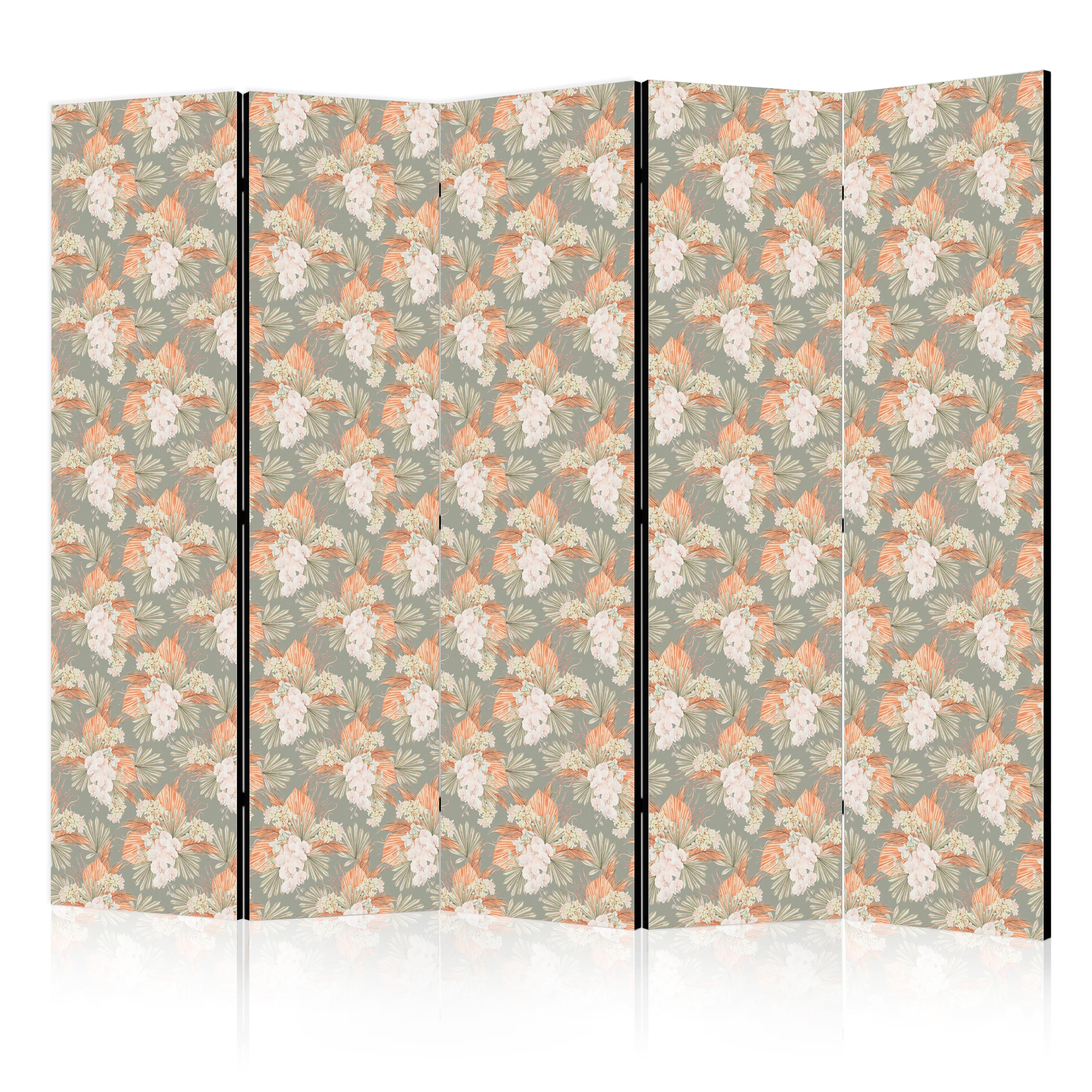 Room Divider - Little Bouquets with Exotic Flowers and Leaves on a Gray-Green Background