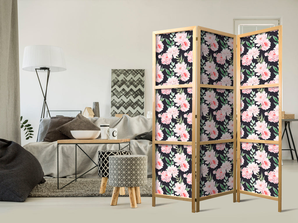 Japanese Room Divider - Peonies - Pink Flowers and Green Leaves on a Graphite Background