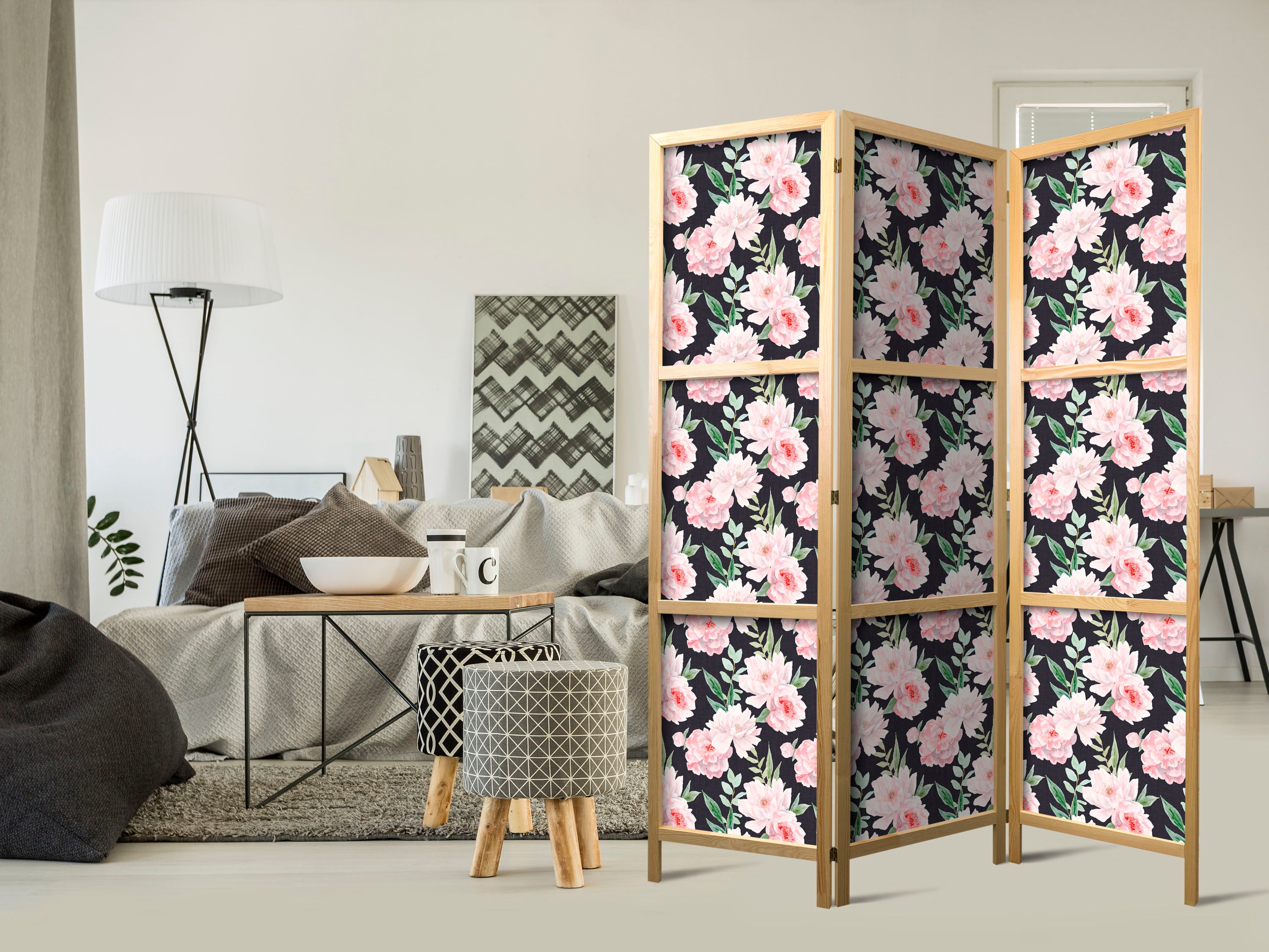 Japanese Room Divider - Peonies - Pink Flowers and Green Leaves on a Graphite Background