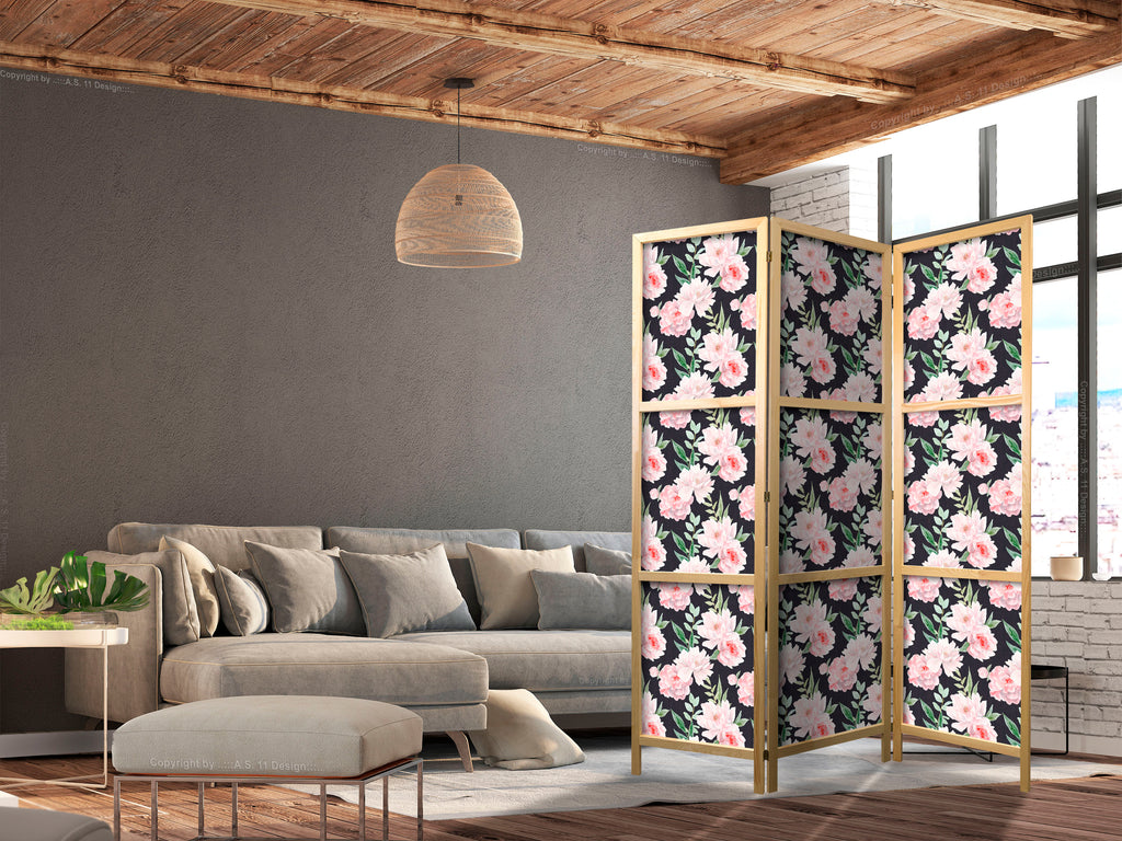 Japanese Room Divider - Peonies - Pink Flowers and Green Leaves on a Graphite Background