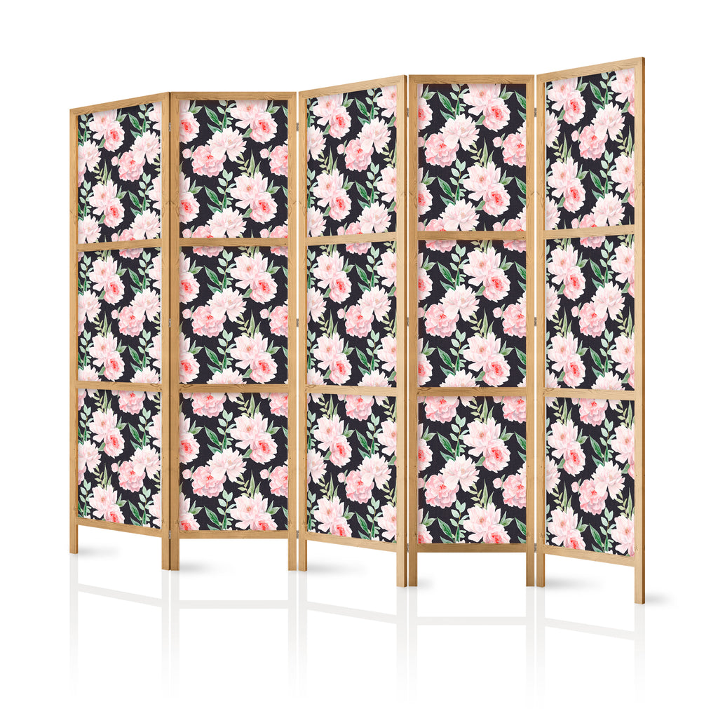 Japanese Room Divider - Peonies, Pink Flowers on Graphite Background