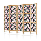 Japanese Room Divider - Peonies, Pink Flowers on Graphite Background