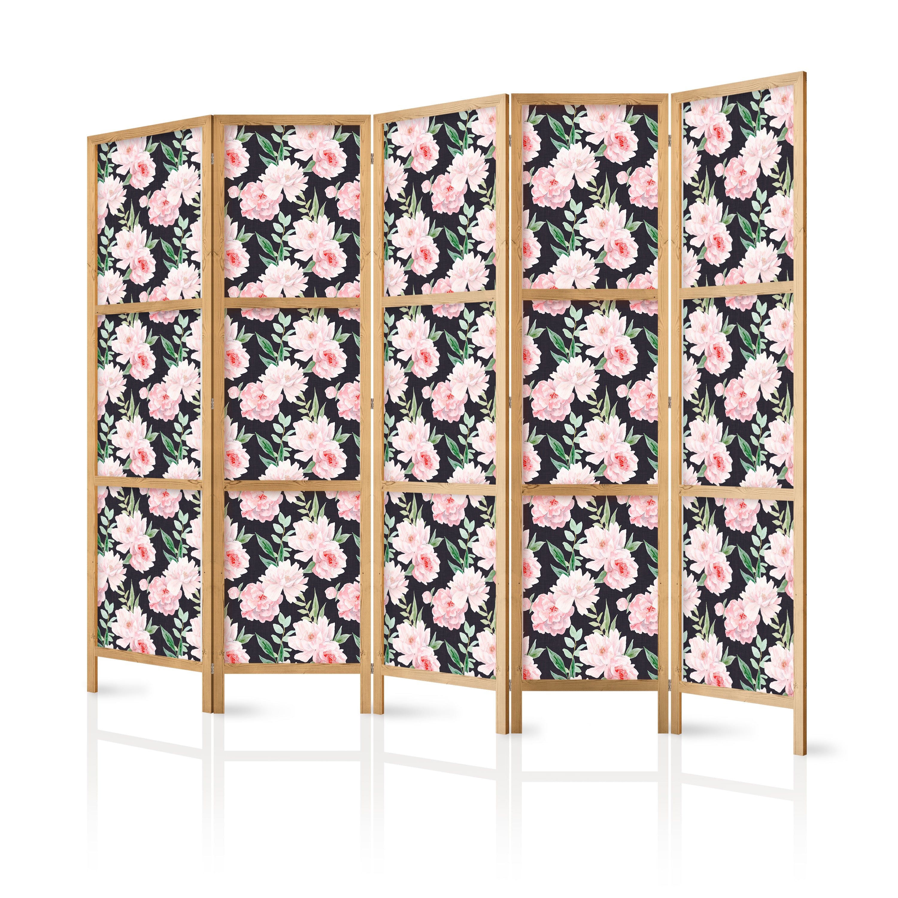 Japanese Room Divider - Peonies, Pink Flowers on Graphite Background