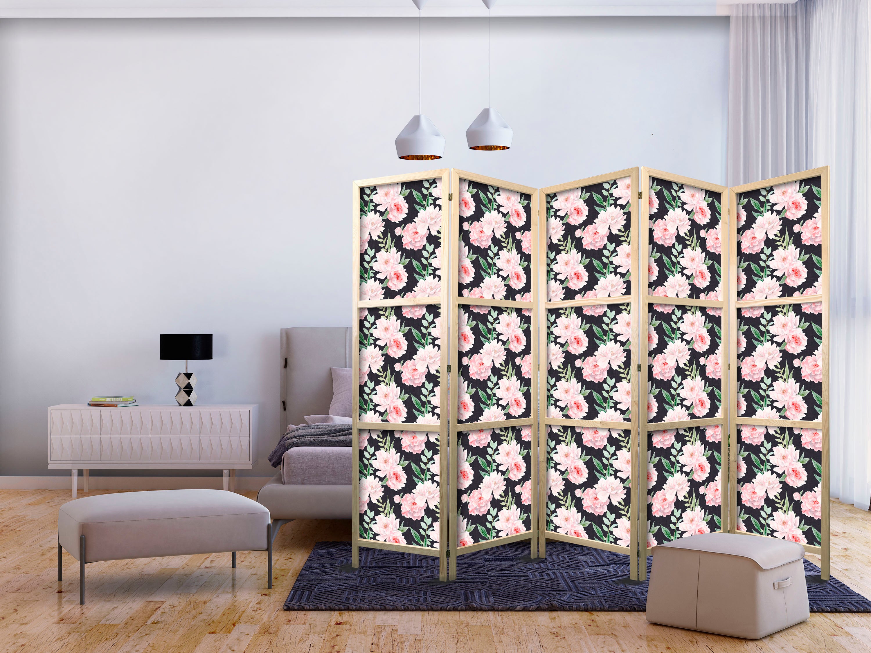 Japanese Room Divider - Peonies, Pink Flowers on Graphite Background