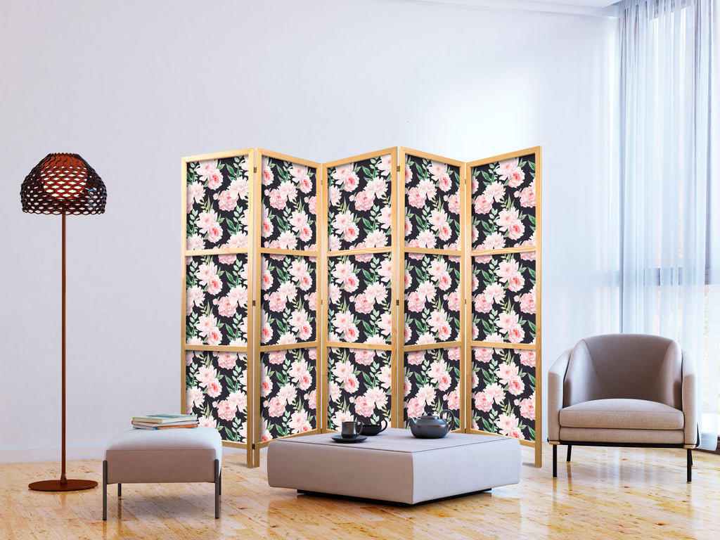 Japanese Room Divider - Peonies, Pink Flowers on Graphite Background