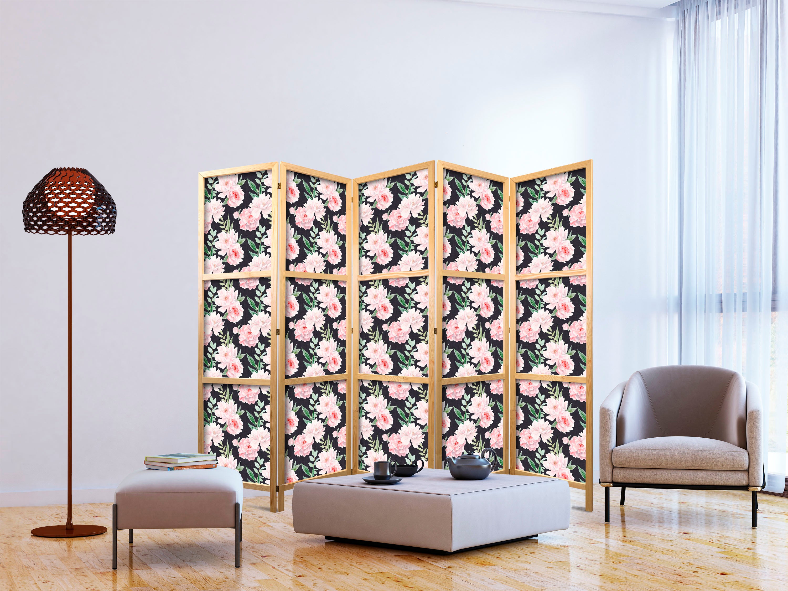 Japanese Room Divider - Peonies, Pink Flowers on Graphite Background