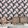 Peonies on Graphite Background Floral Wallpaper