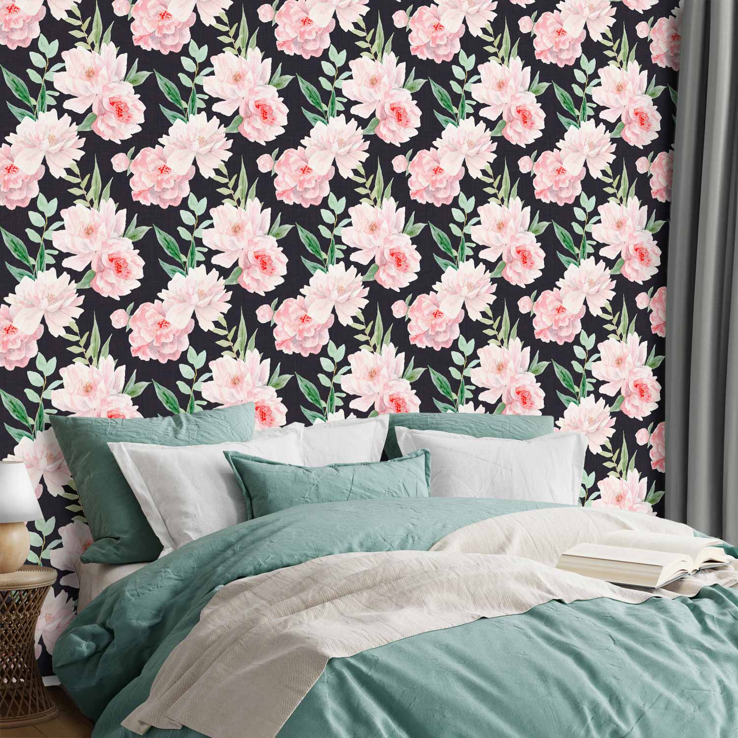 Peonies on Graphite Background Floral Wallpaper