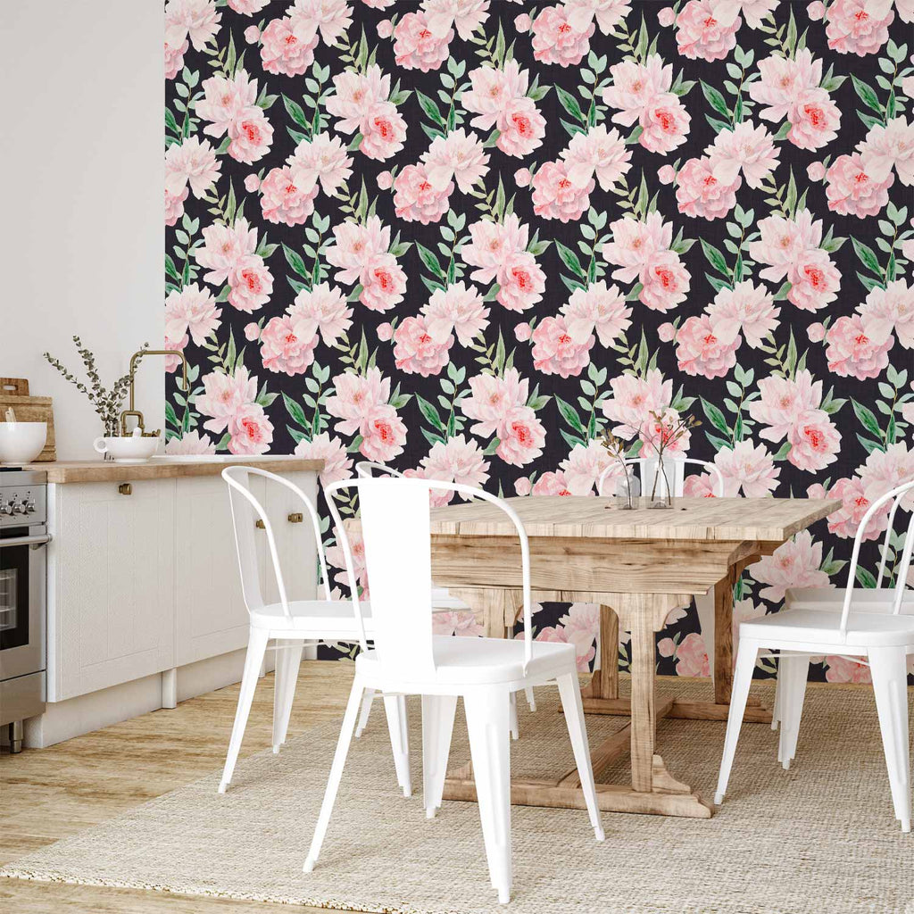 Peonies on Graphite Background Floral Wallpaper