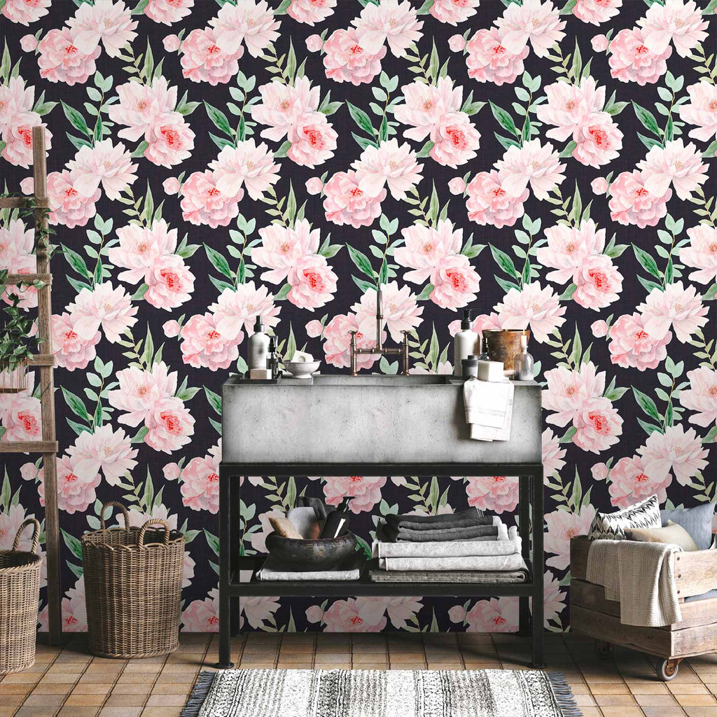 Peonies on Graphite Background Floral Wallpaper