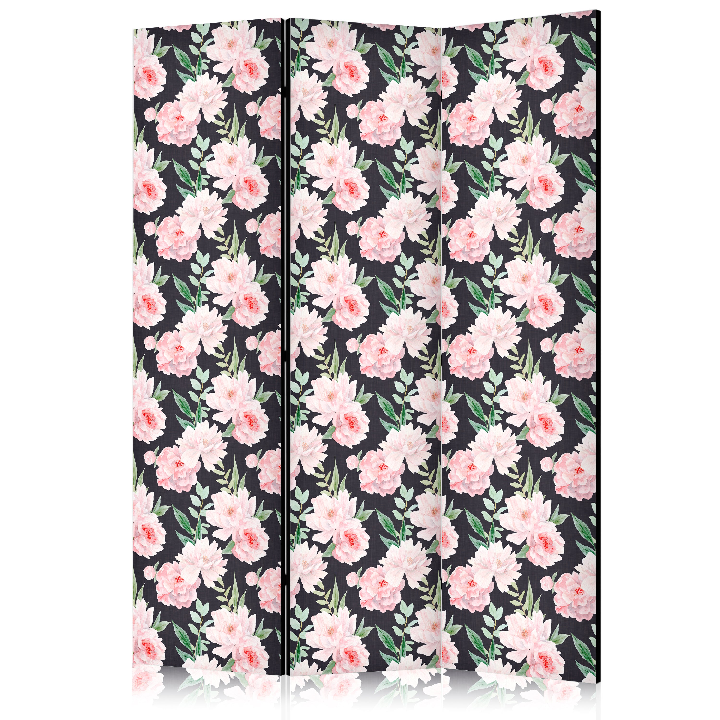Room Divider with Peonies Pink Flowers and Green Leaves (3-panel)