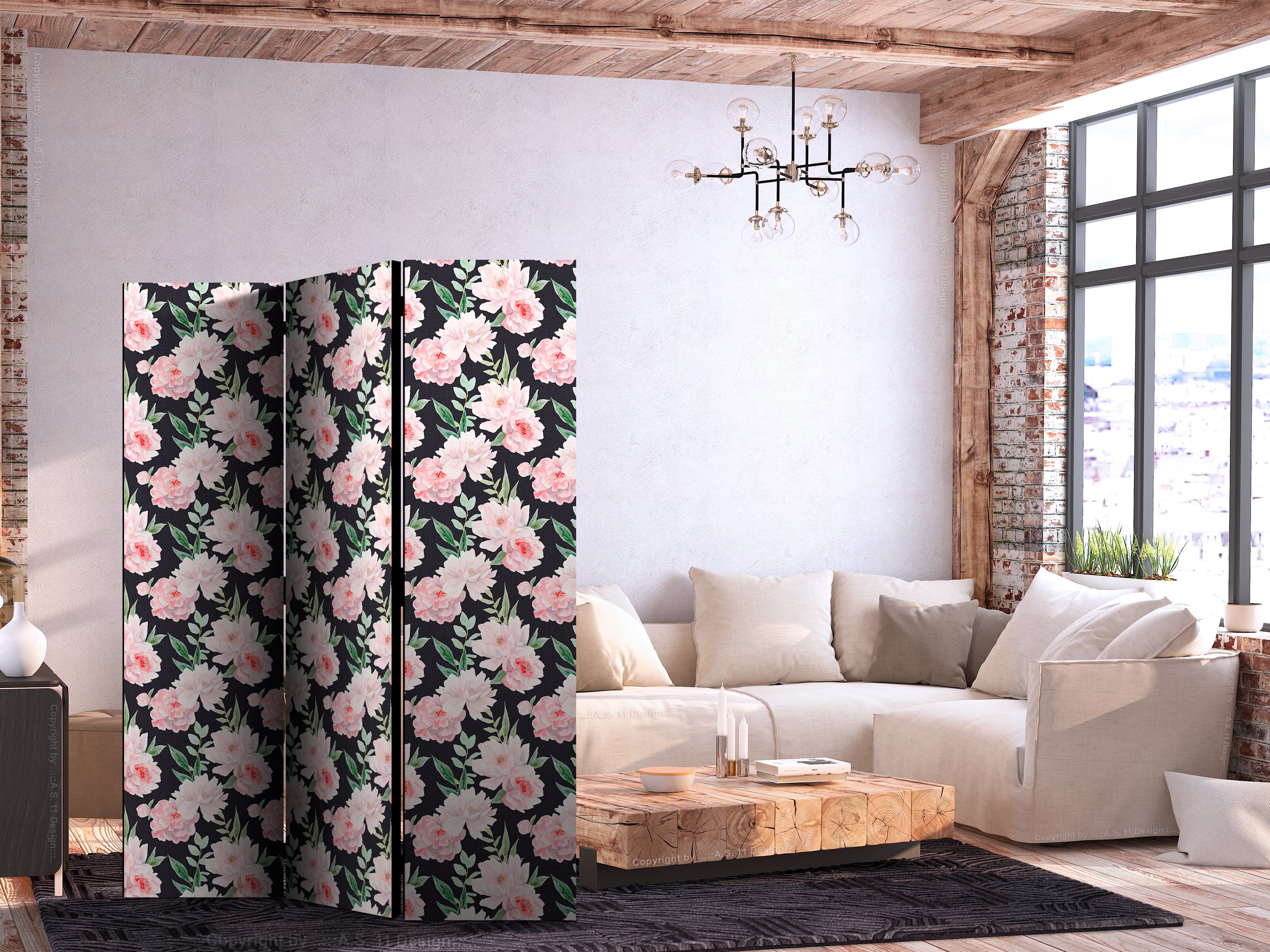 Room Divider with Peonies Pink Flowers and Green Leaves (3-panel)