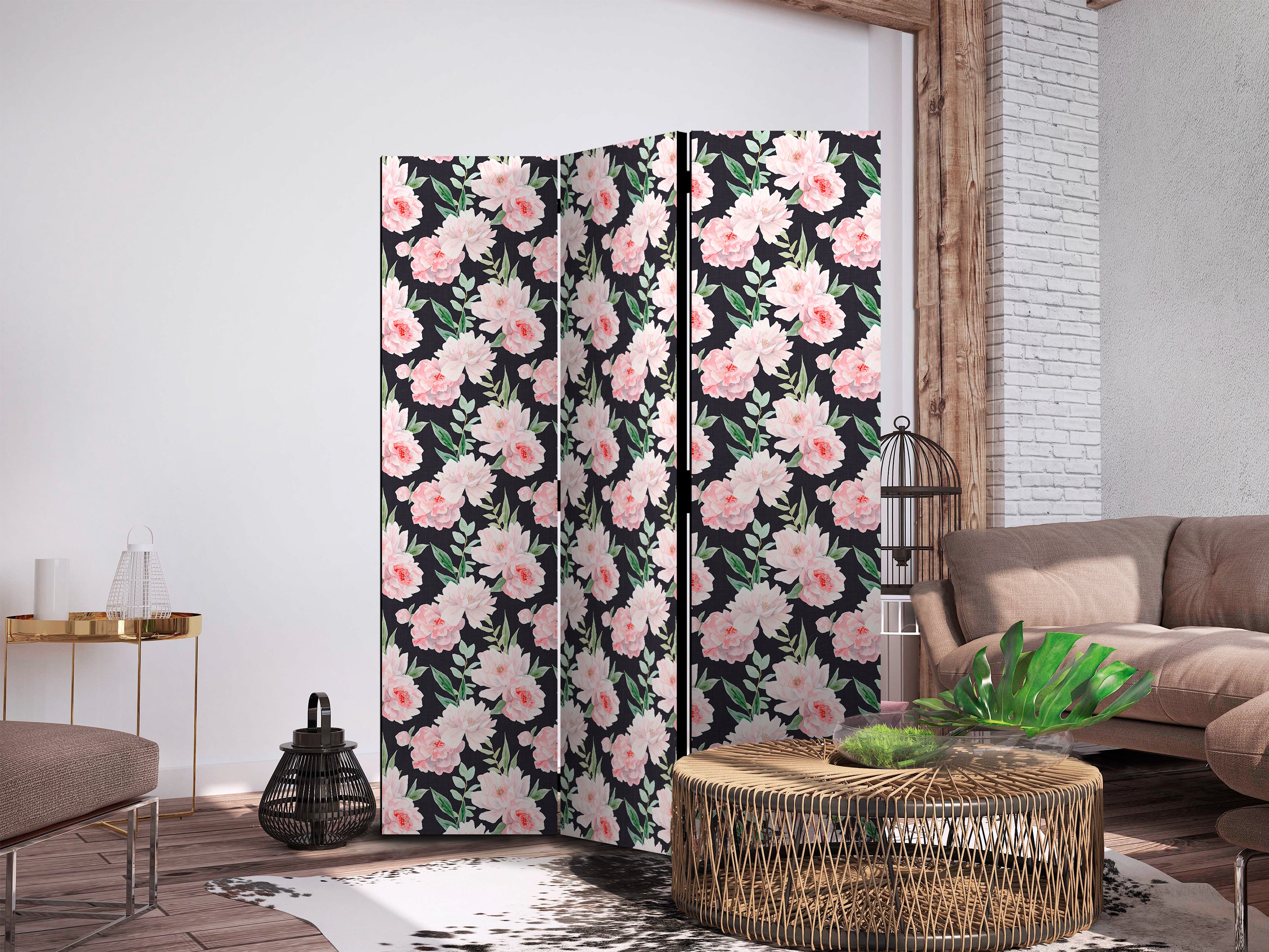 Room Divider with Peonies Pink Flowers and Green Leaves (3-panel)