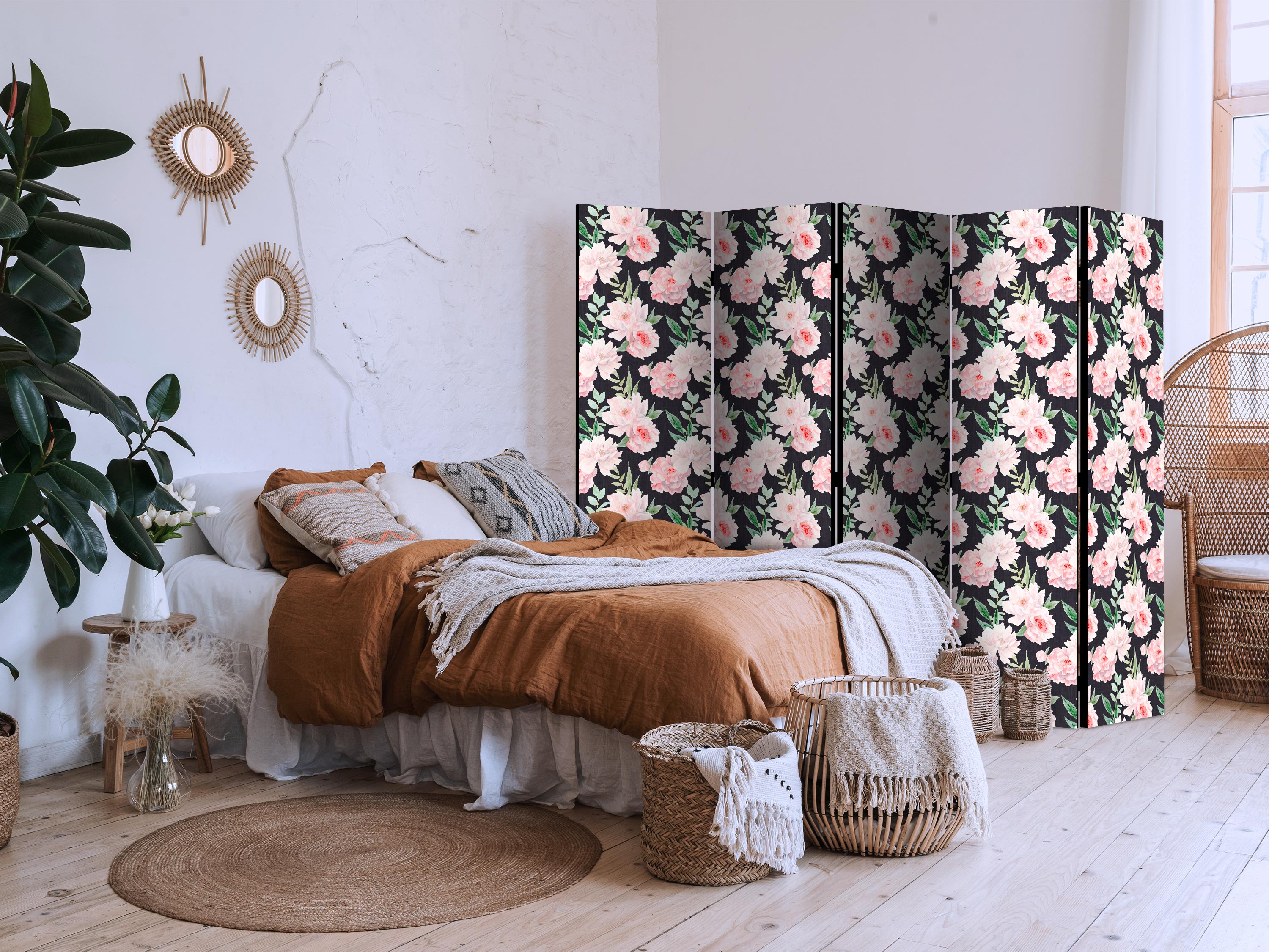Room Divider Peonies Pink Flowers Graphite