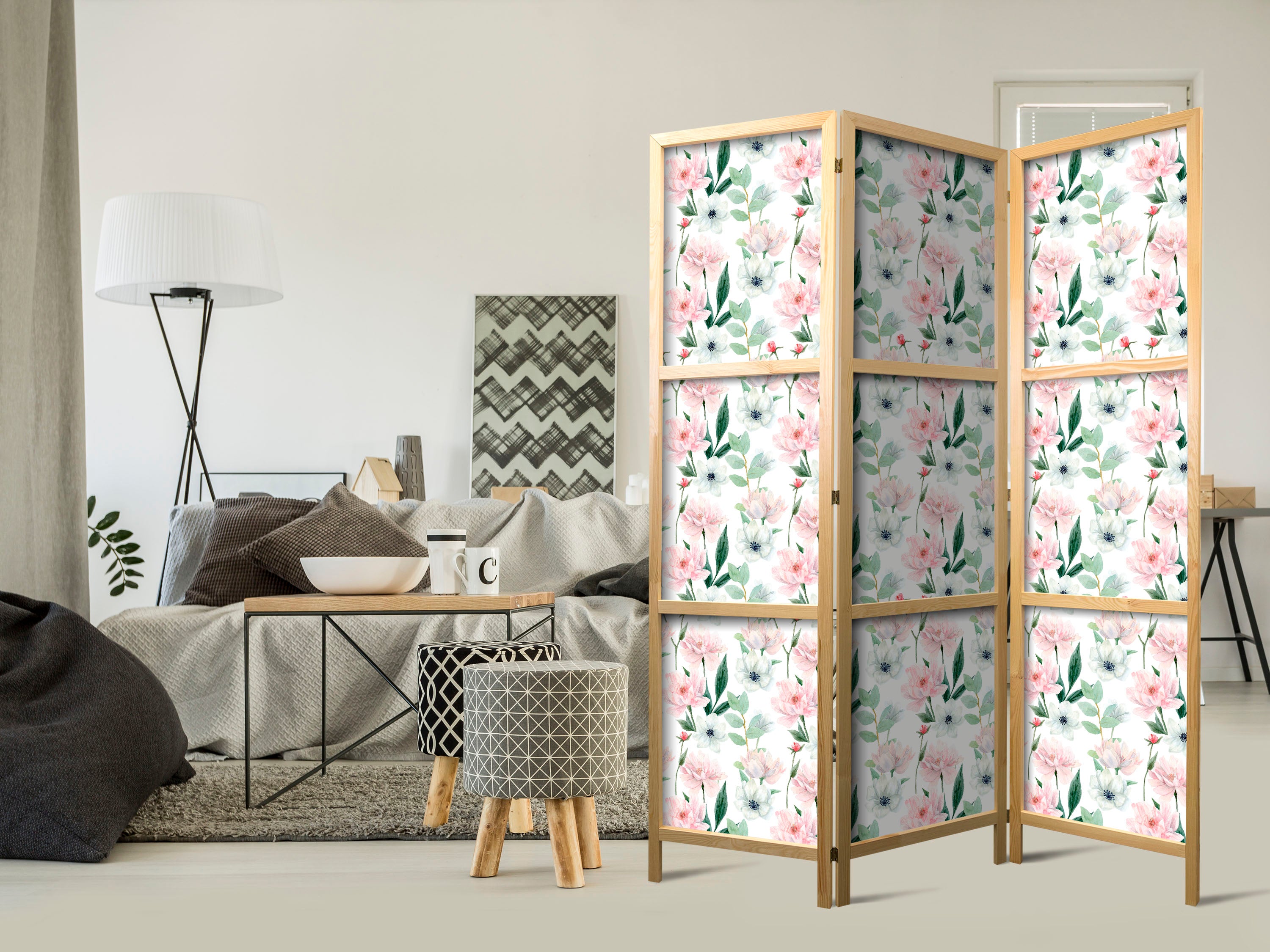 Japanese Room Divider with Peonies and Pink and White Flowers