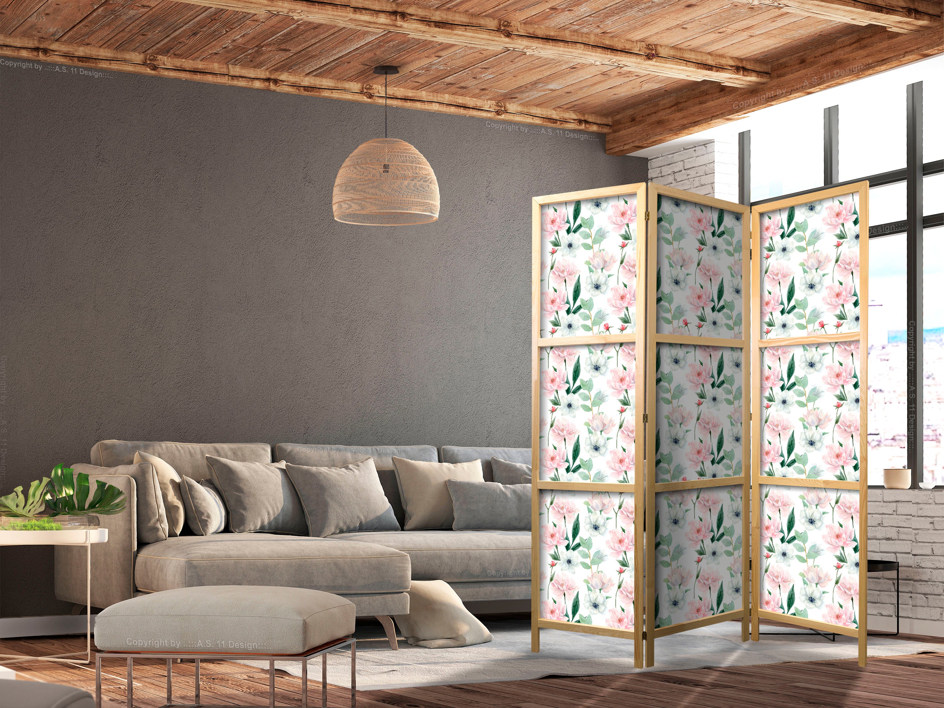 Japanese Room Divider with Peonies and Pink and White Flowers