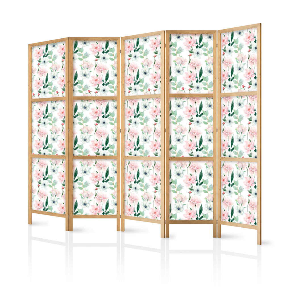 Japanese Room Divider with Peonies on White Background