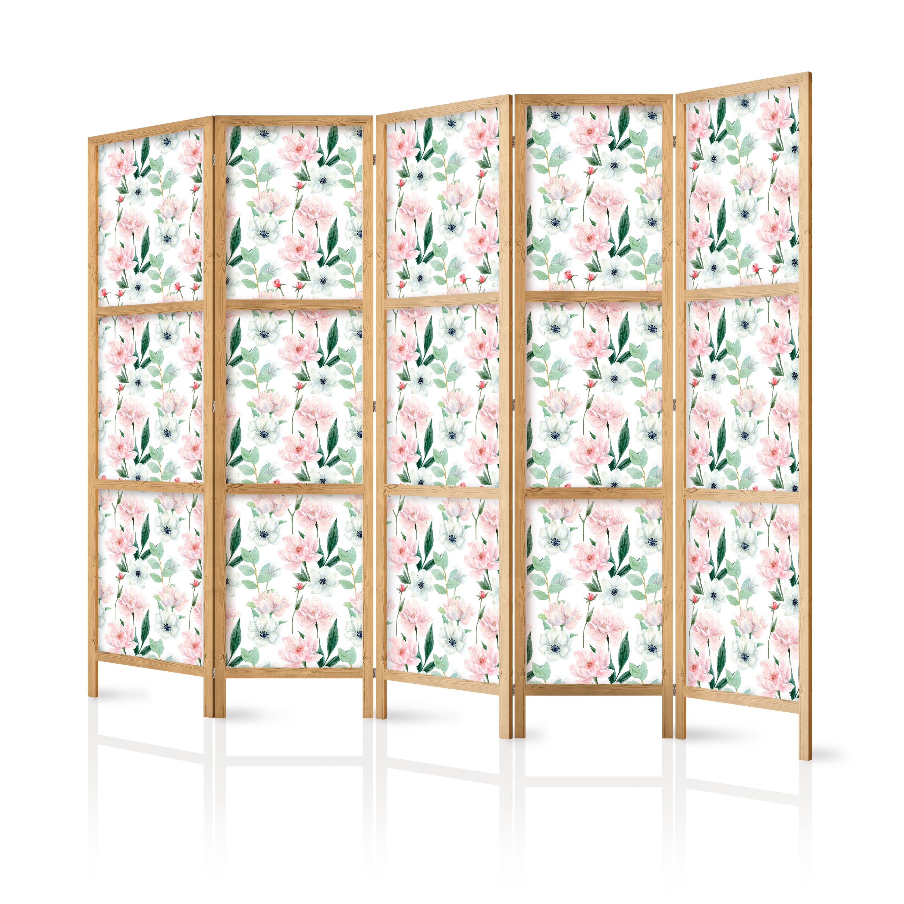 Japanese Room Divider with Peonies on White Background