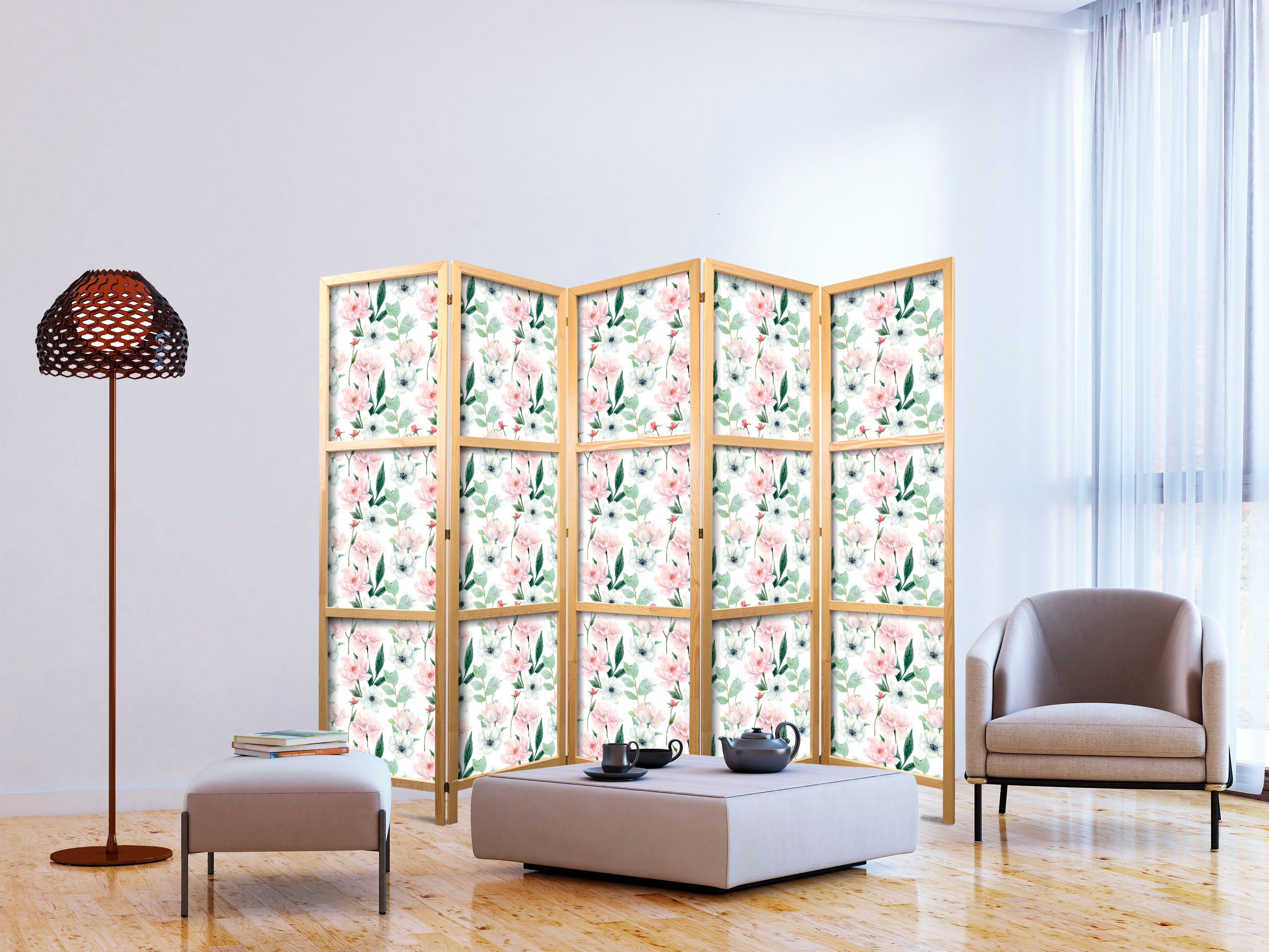 Japanese Room Divider with Peonies on White Background