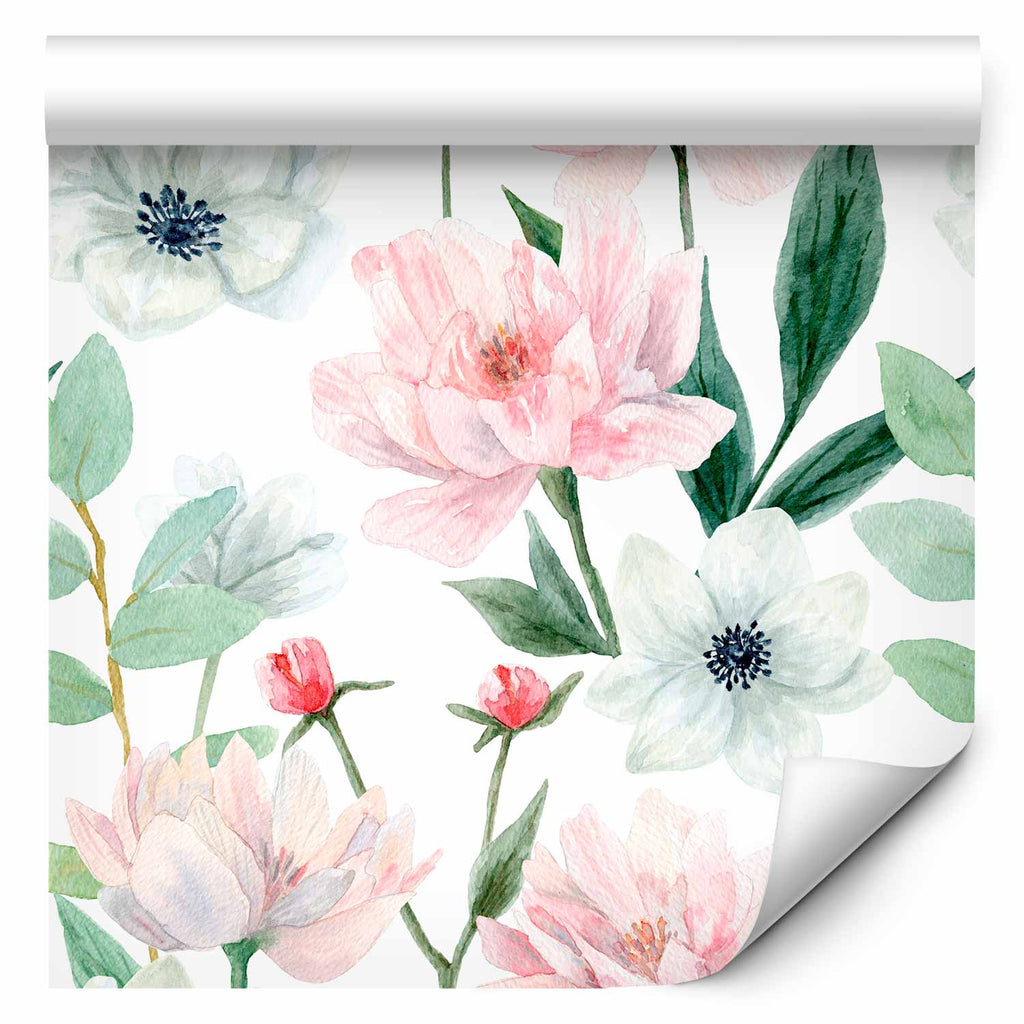 White Peonies Floral Wallpaper