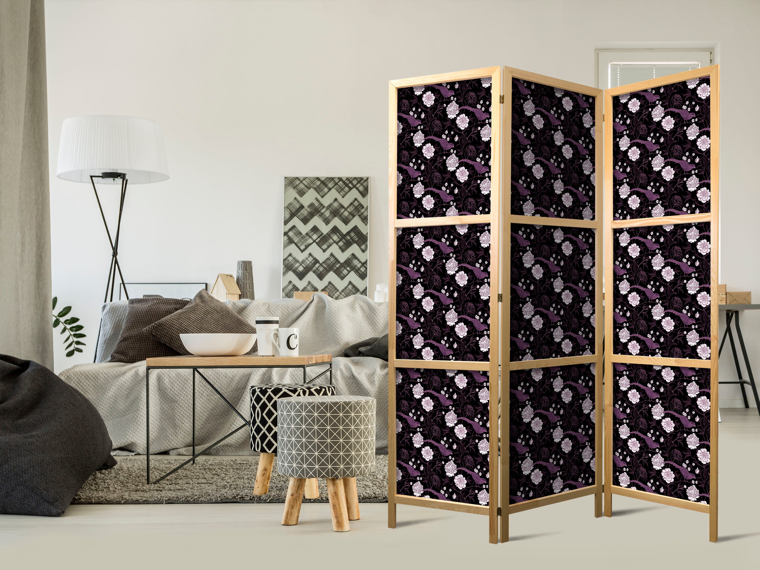 Japanese Room Divider - Birds Among Flowers, 3-Panel
