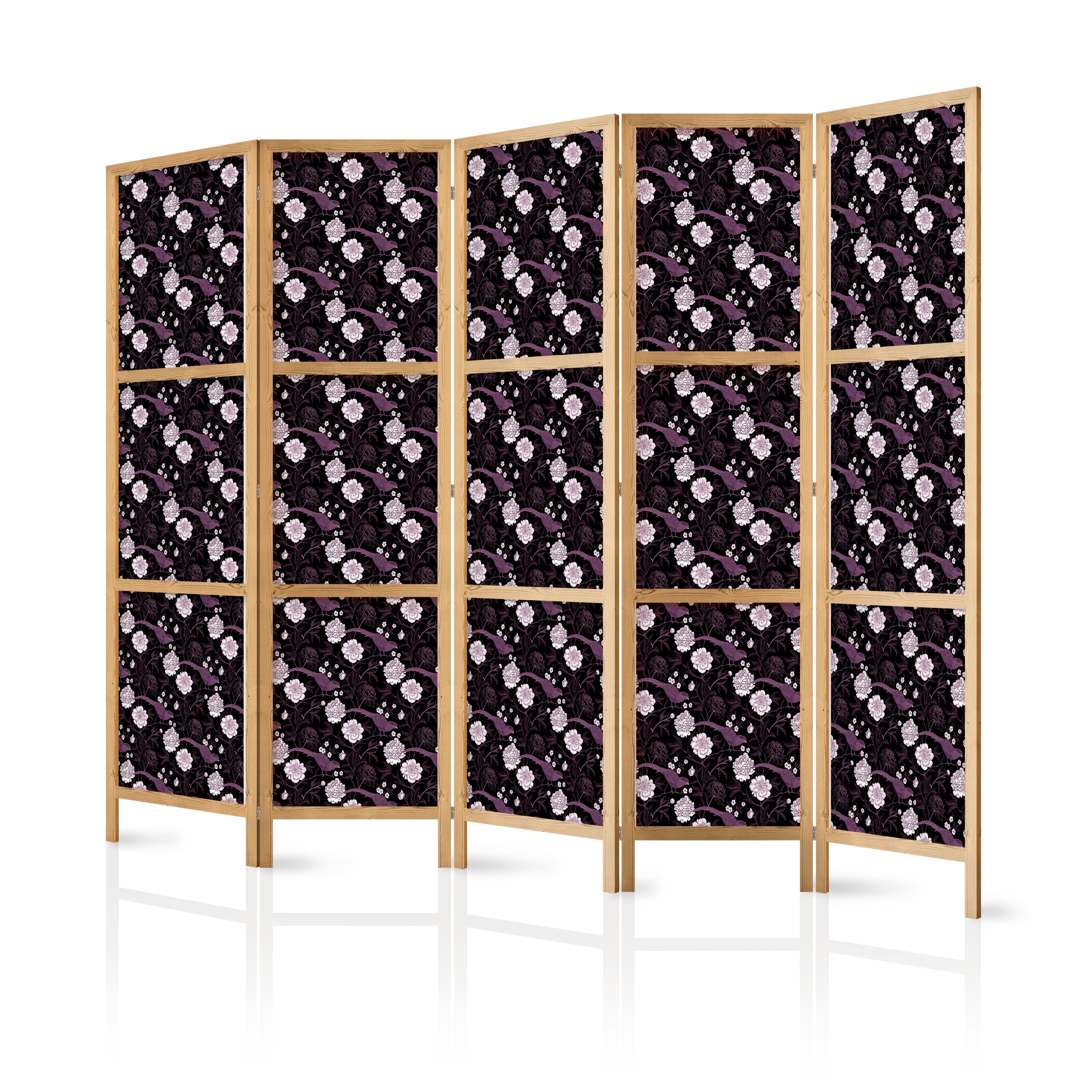 Japanese Room Divider 5-Panel Flowers - Purple
