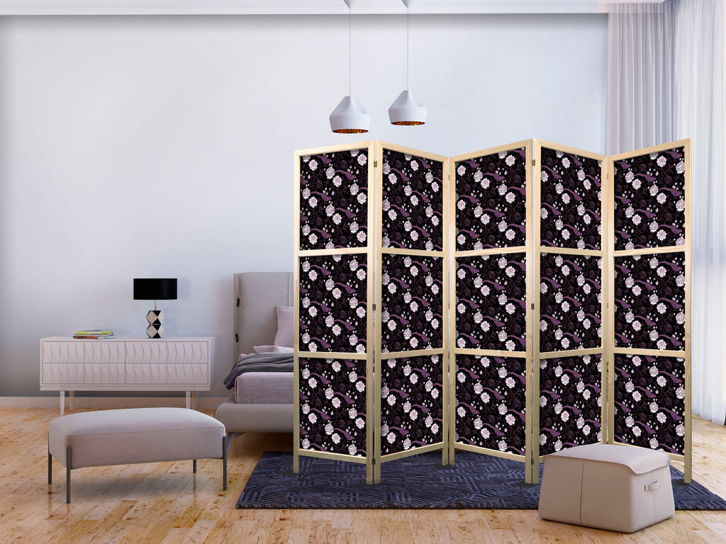 Japanese Room Divider 5-Panel Flowers - Purple