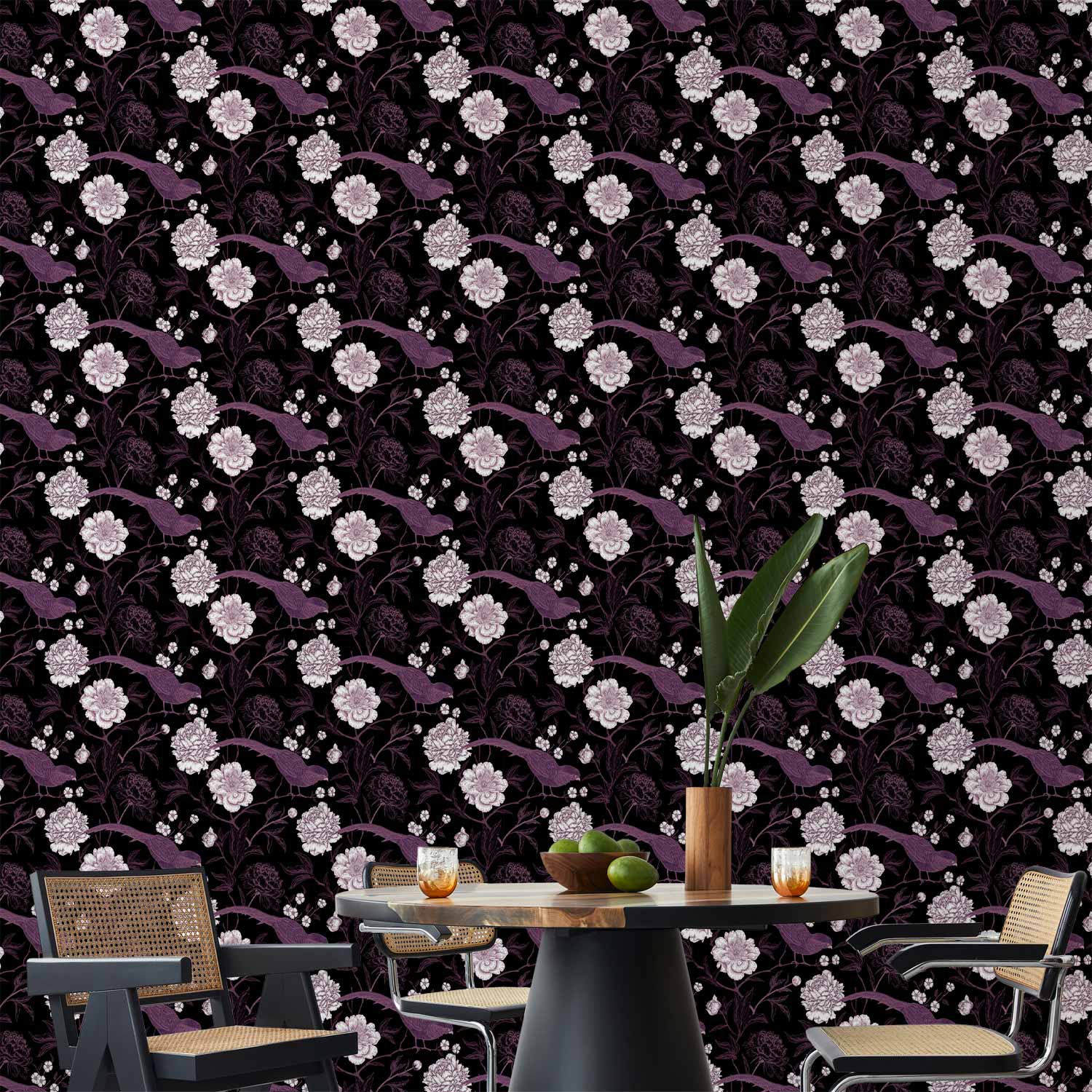 Peonies and Pheasants Floral Wallpaper