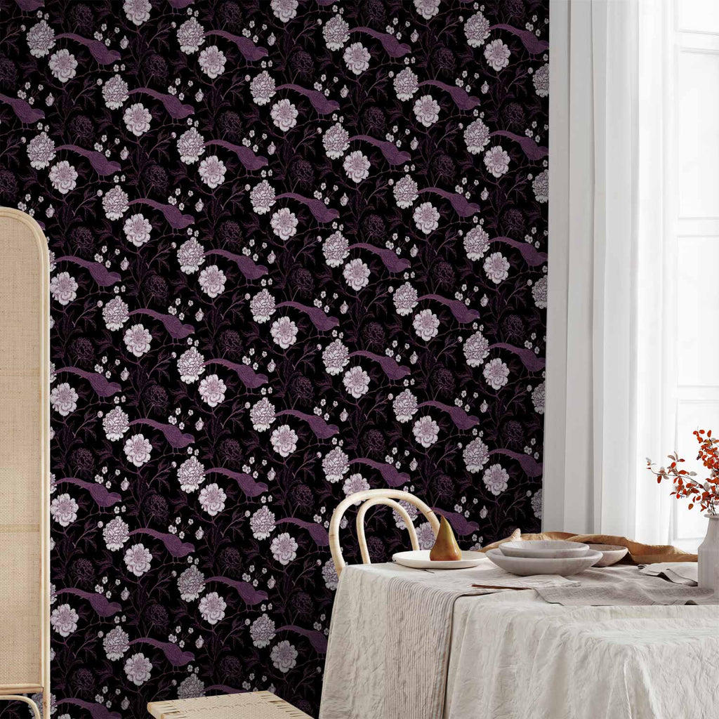 Peonies and Pheasants Floral Wallpaper