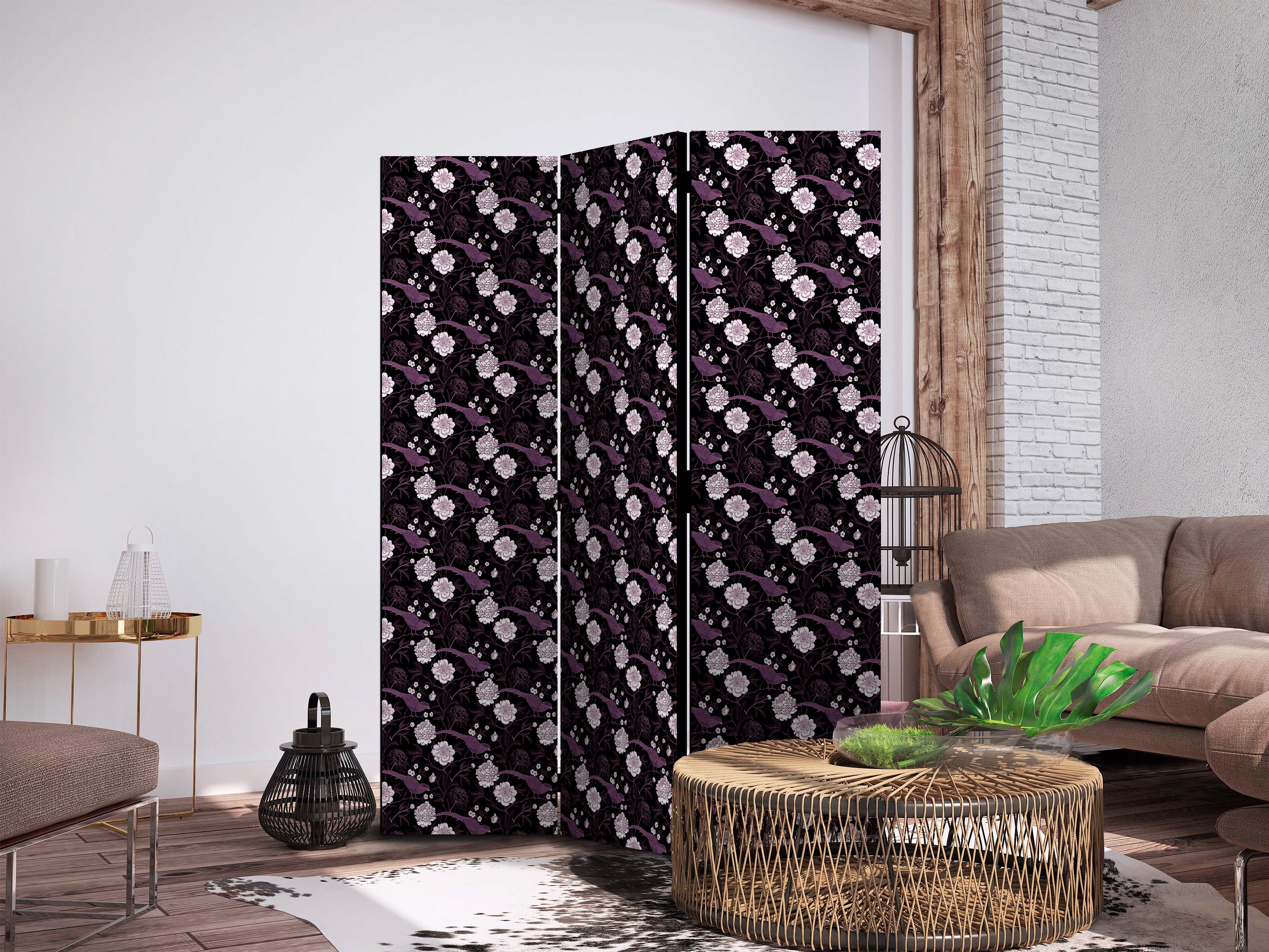 Room Divider Birds Among Flowers Purple