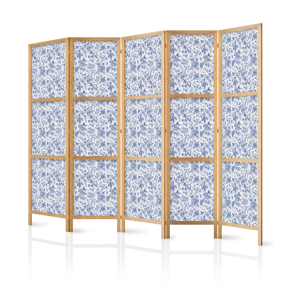 Japanese Room Divider Vintage Floral Blue on White