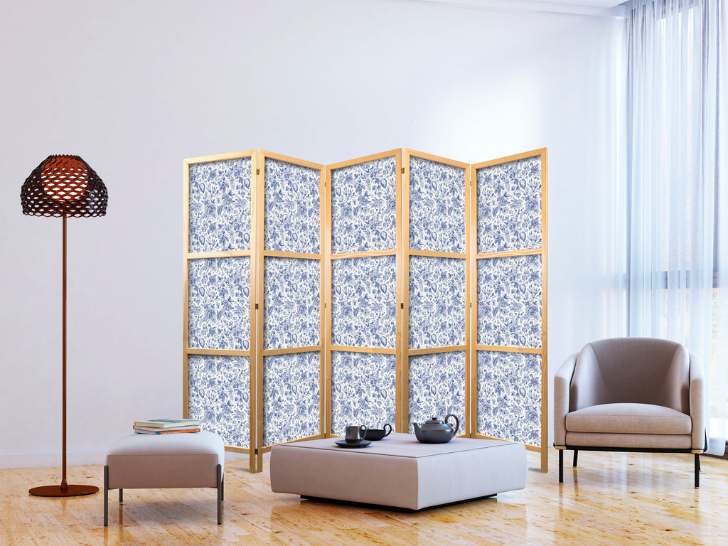 Japanese Room Divider Vintage Floral Blue on White