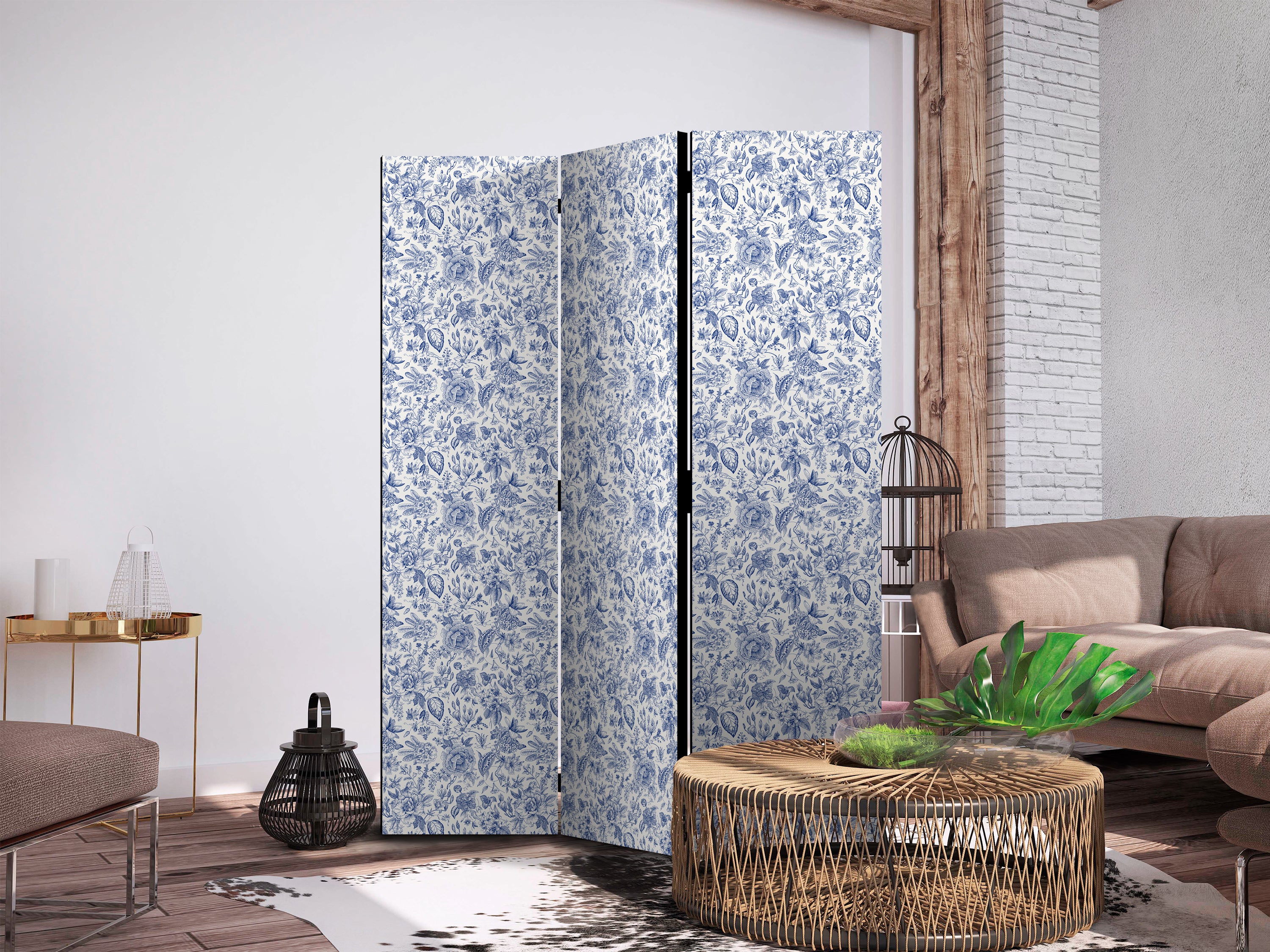 Room Divider Vintage Floral Illustration Blue Flowers