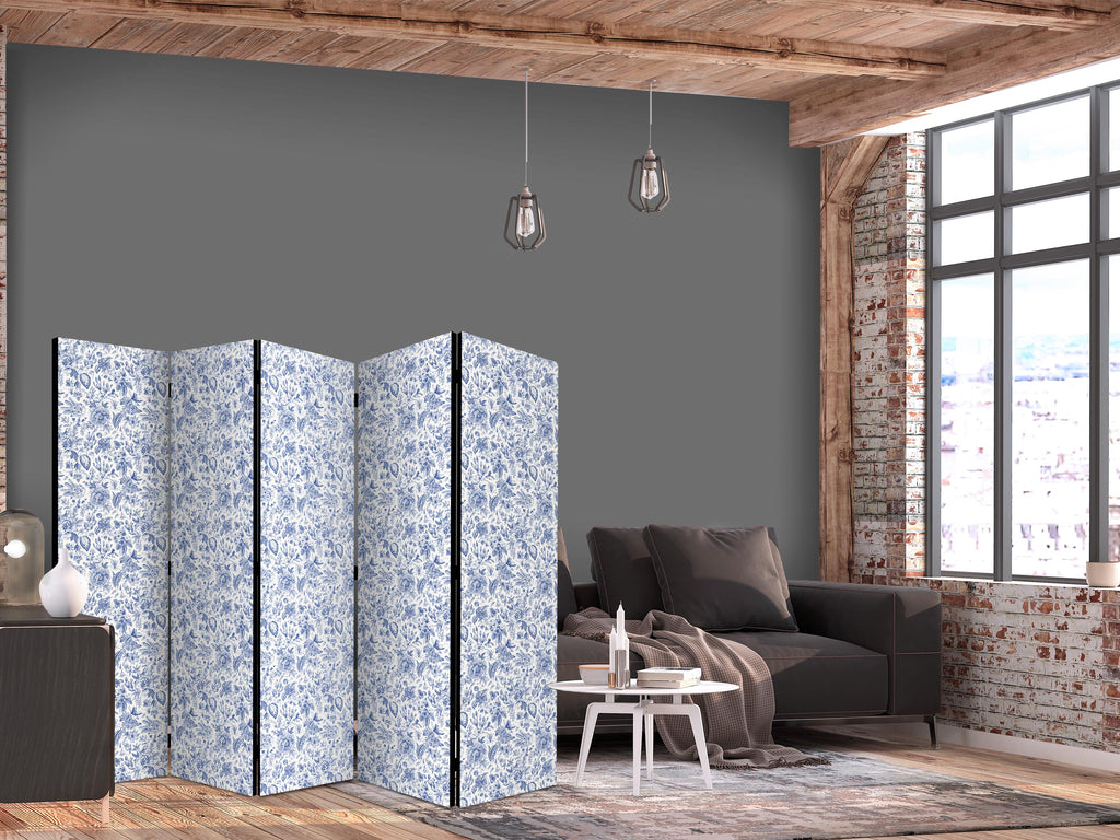 Room Divider Vintage Illustration with Blue Flowers on White