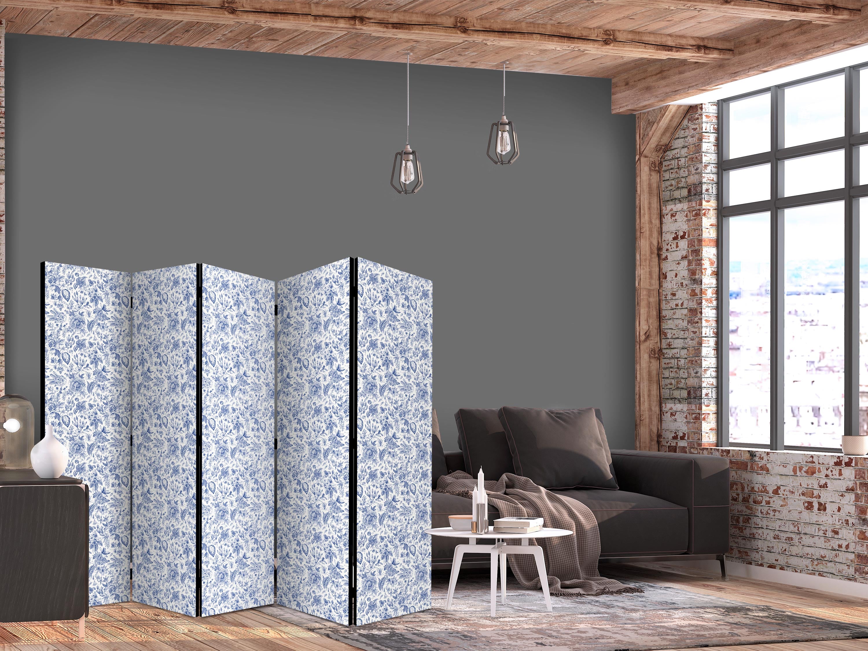Room Divider Vintage Illustration with Blue Flowers on White