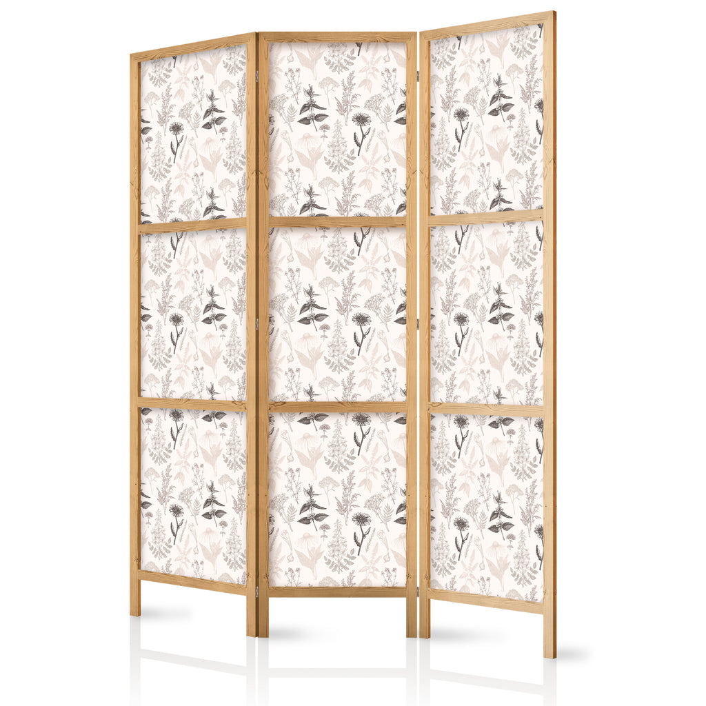 Japanese Room Divider - Botanical Illustration - Flowers and Herbs - Beige Gray