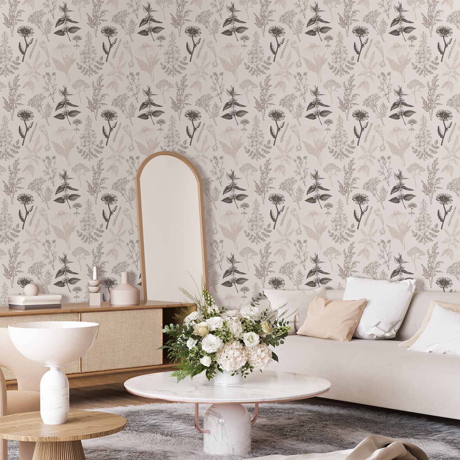 Warm Grey Flowers and Herbs Floral Wallpaper