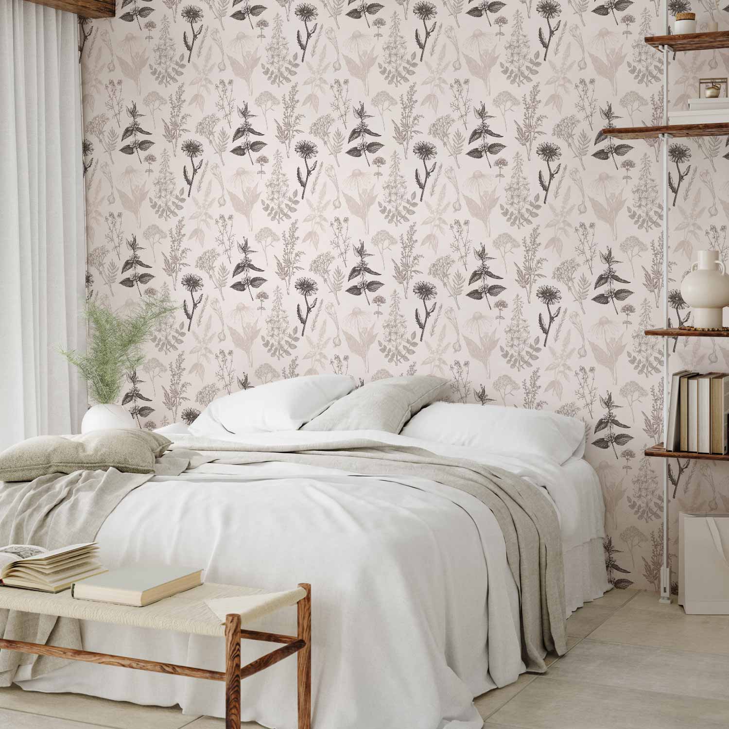 Warm Grey Flowers and Herbs Floral Wallpaper