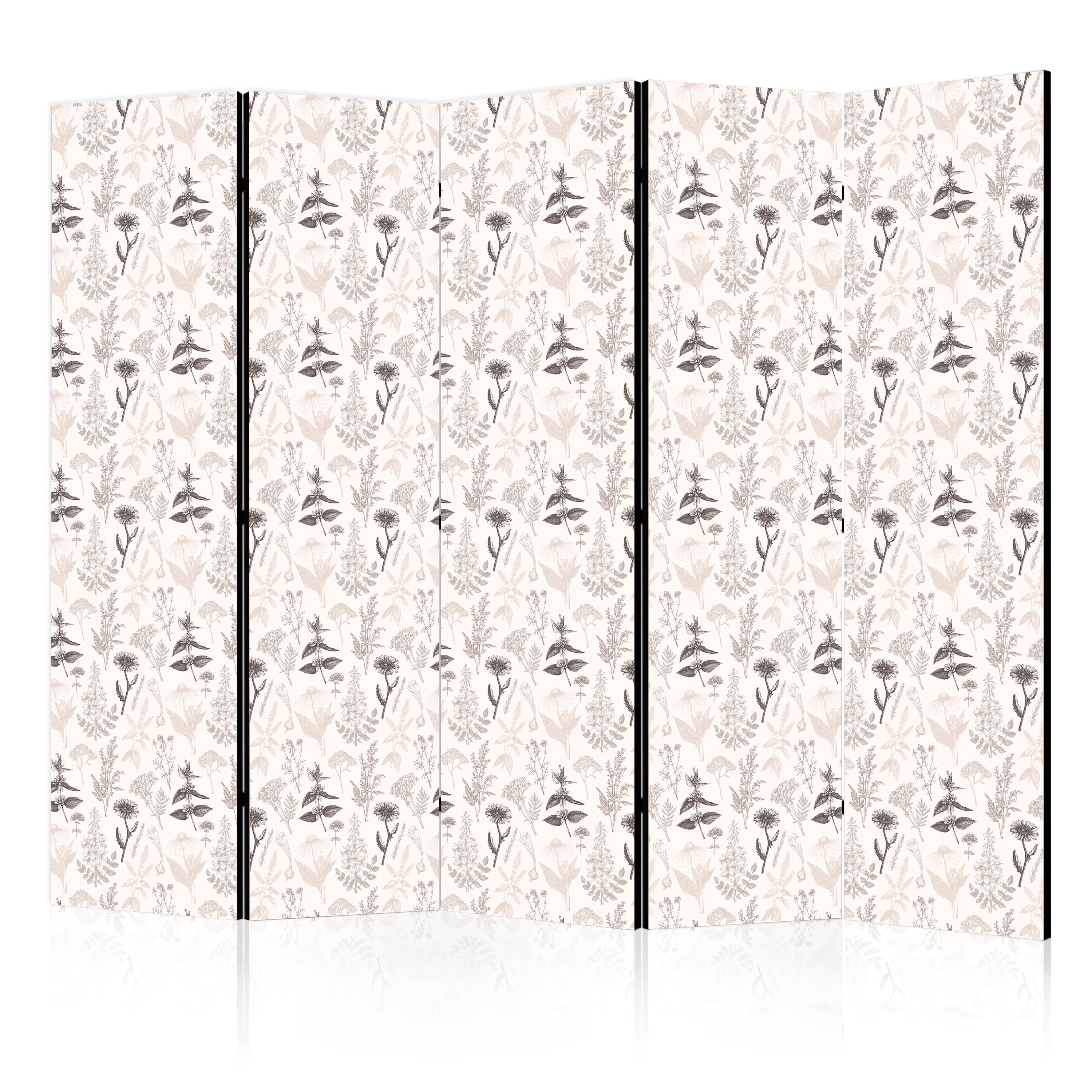 Room Divider Botanical Illustration of Flowers and Herbs Beige Gray