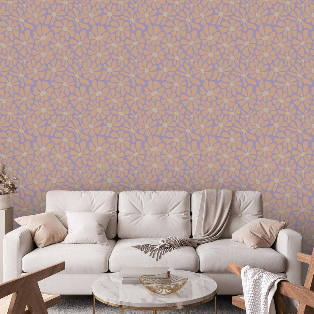 Wallpaper Beige Floral on Blue Background