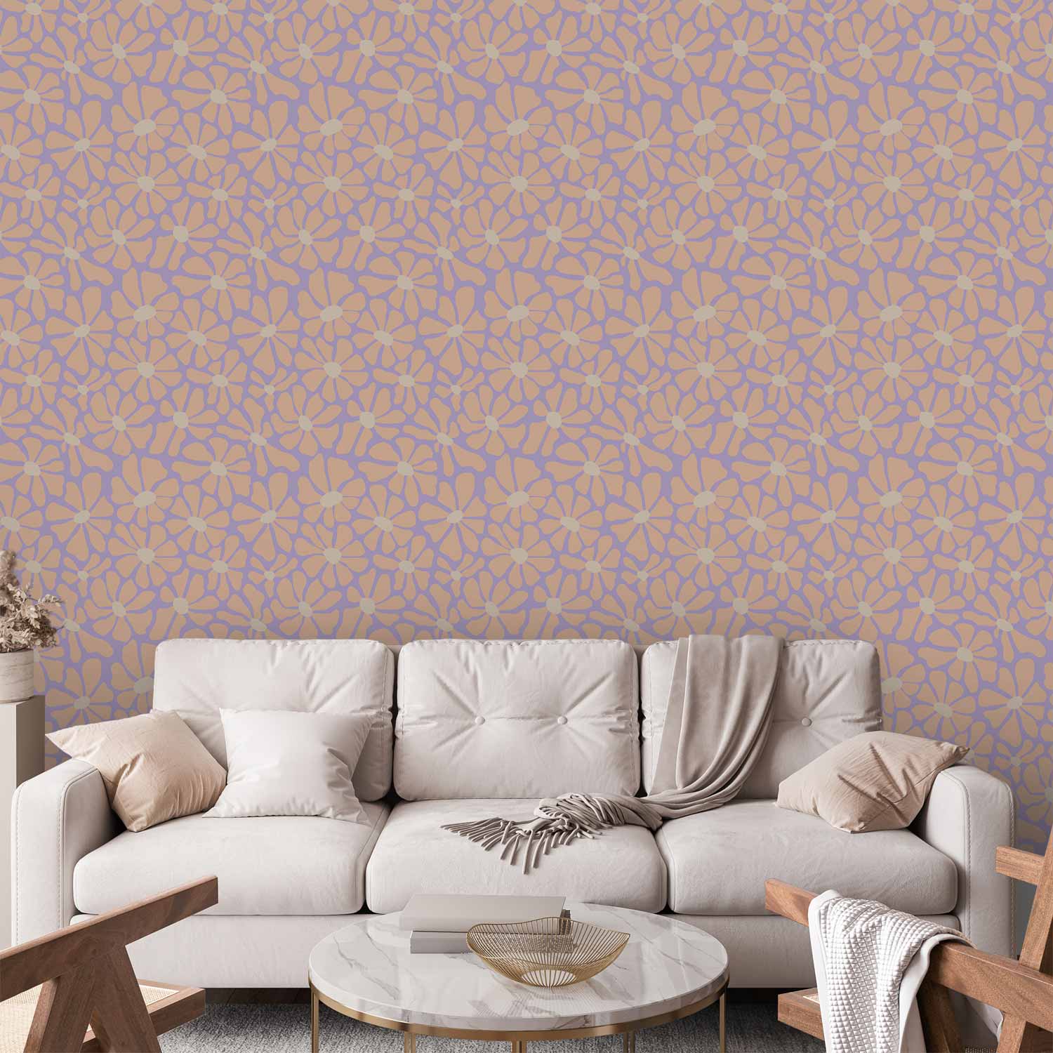Wallpaper Beige Floral on Blue Background