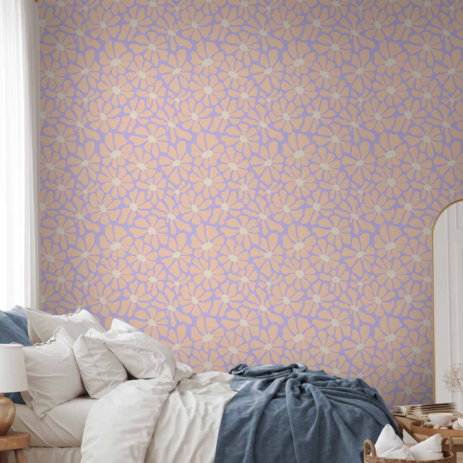 Light Beige Flower Pattern Blue Wallpaper