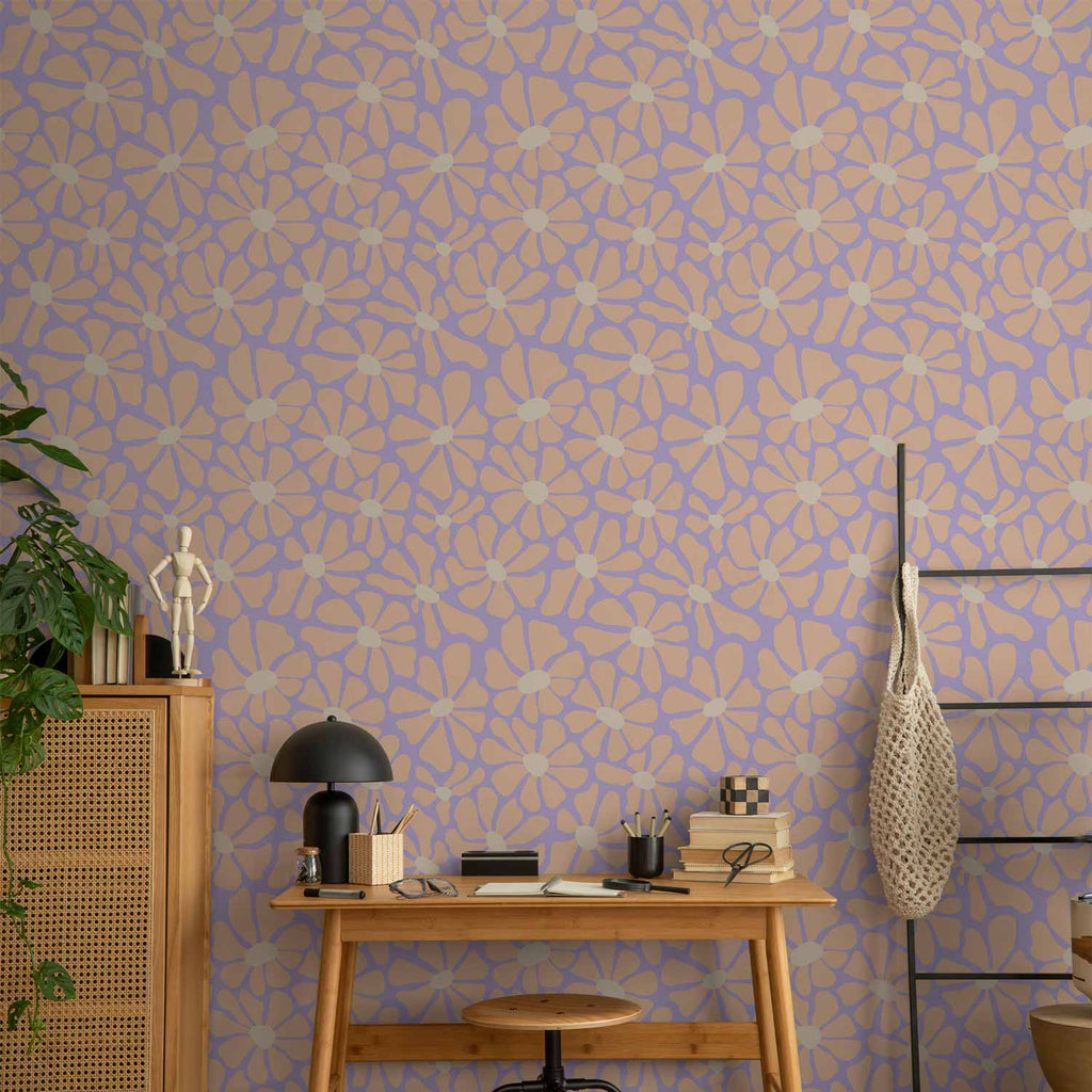 Light Beige Flower Pattern Blue Wallpaper