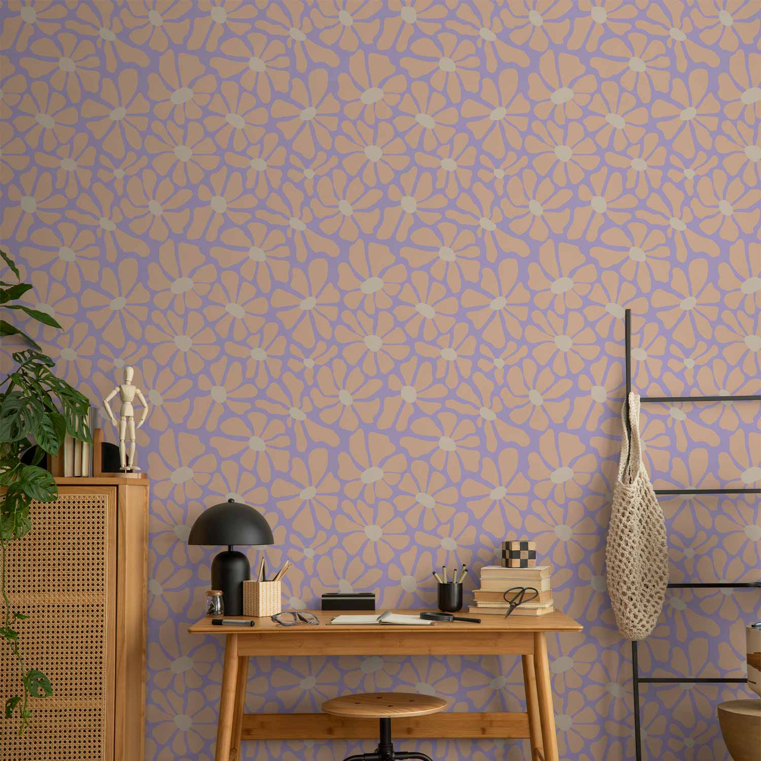Light Beige Flower Pattern Blue Wallpaper