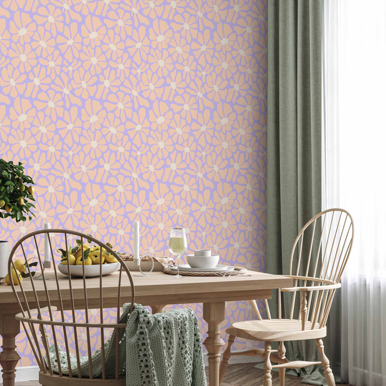 Light Beige Flower Pattern Blue Wallpaper