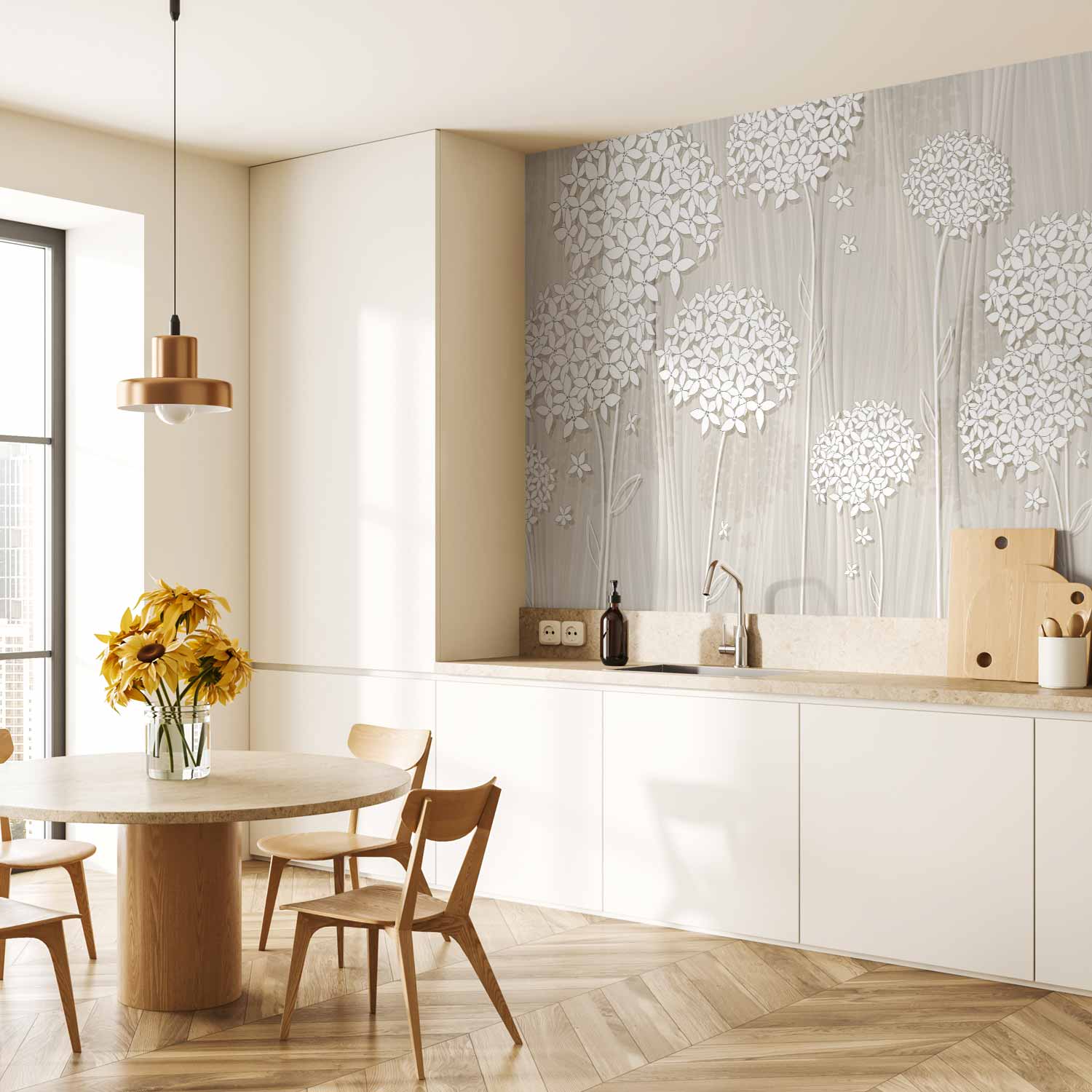 Cream Floral Pattern Wall Mural