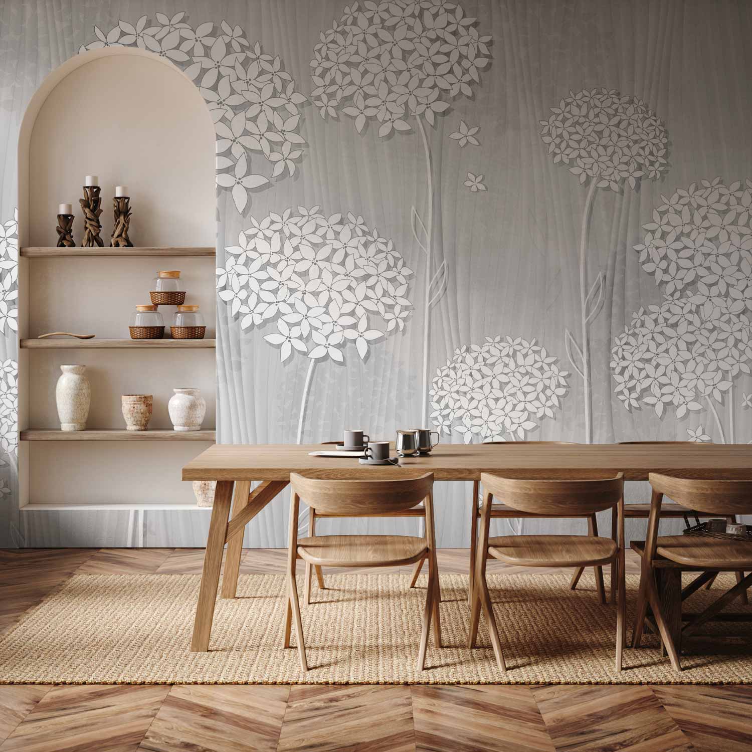 Grey Floral Pattern Wall Mural