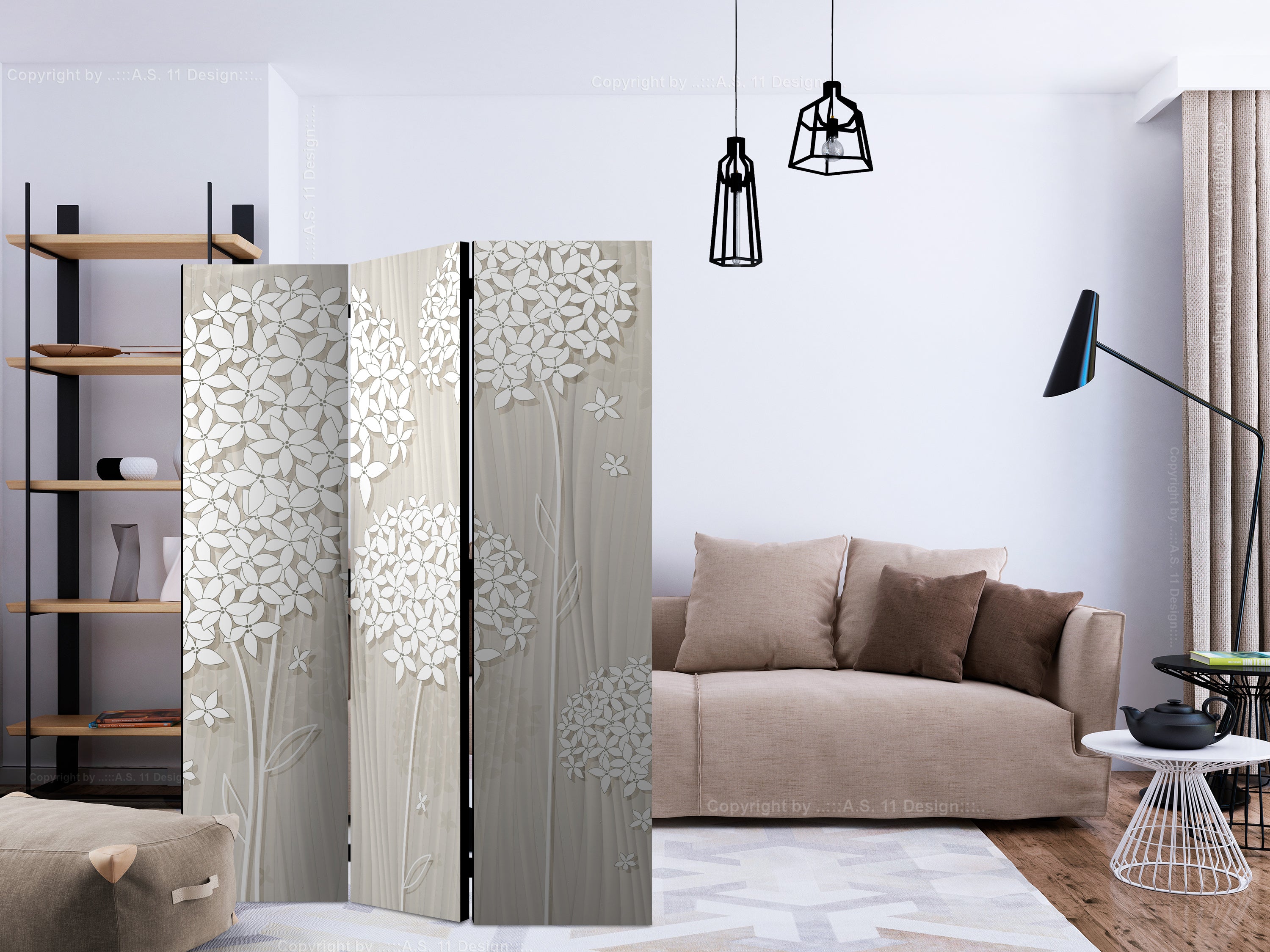 Cream Floral Texture 3-Panel Room Divider